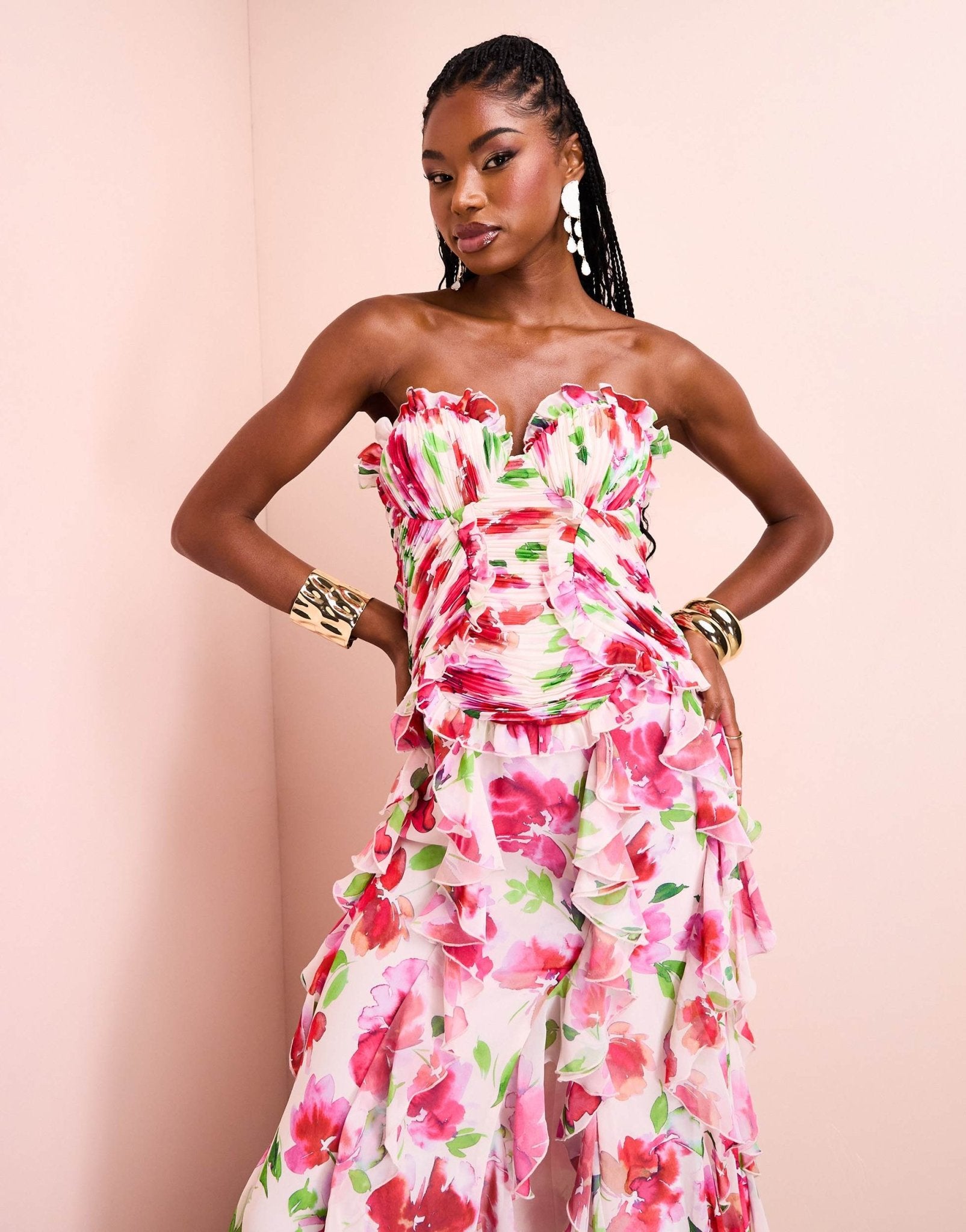 ASOS LUXE organza ruched bandeau maxi dress with ruffle skirt in pink floral print - ASOS Sample Sale