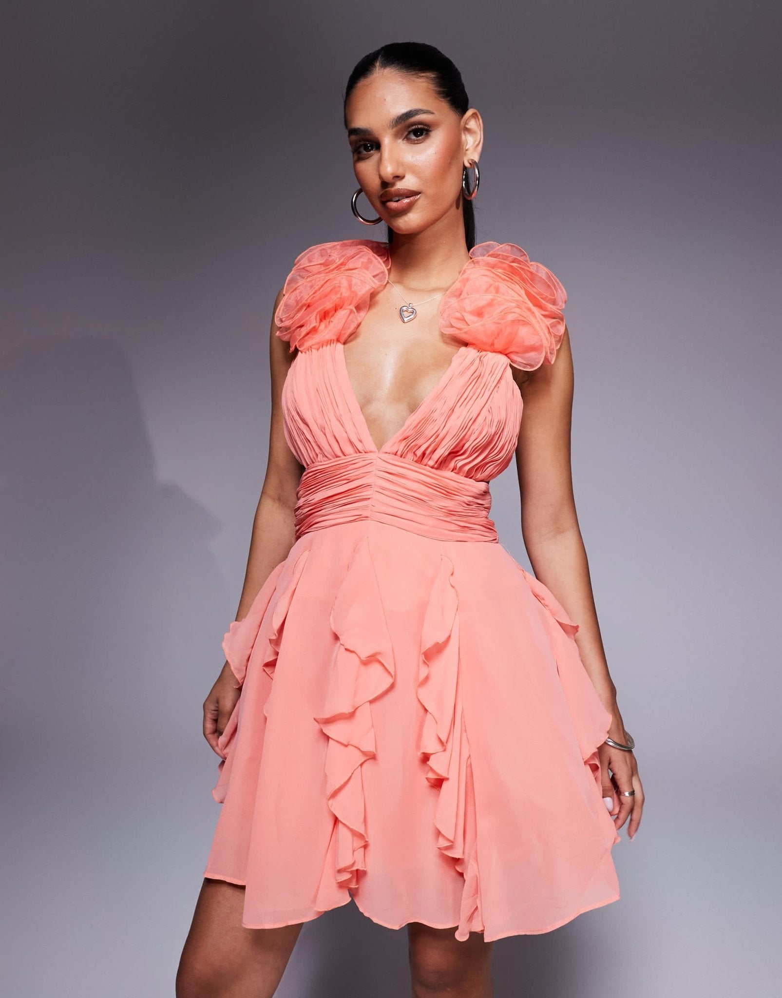 ASOS LUXE Organza ruffle skater mini dress in pink - ASOS Sample Sale