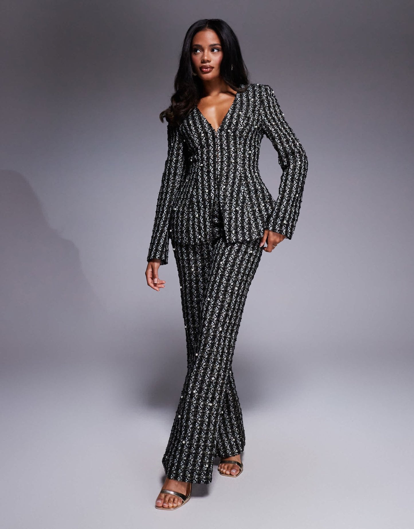ASOS LUXE pearl embellished boucle blazer co - ord in black - ASOS Sample Sale