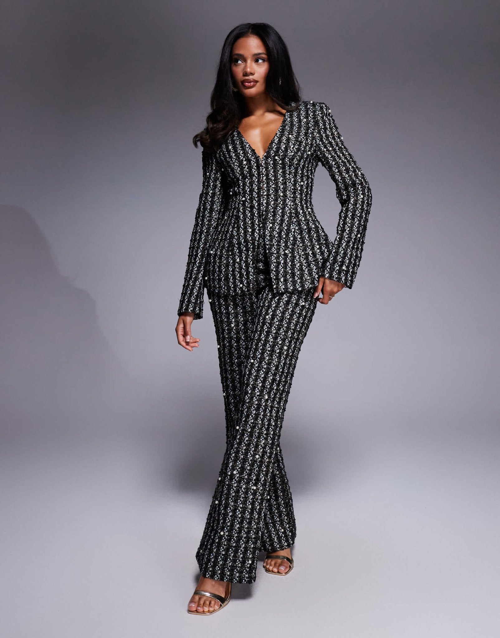 ASOS LUXE pearl embellished boucle blazer co - ord in black - ASOS Sample Sale
