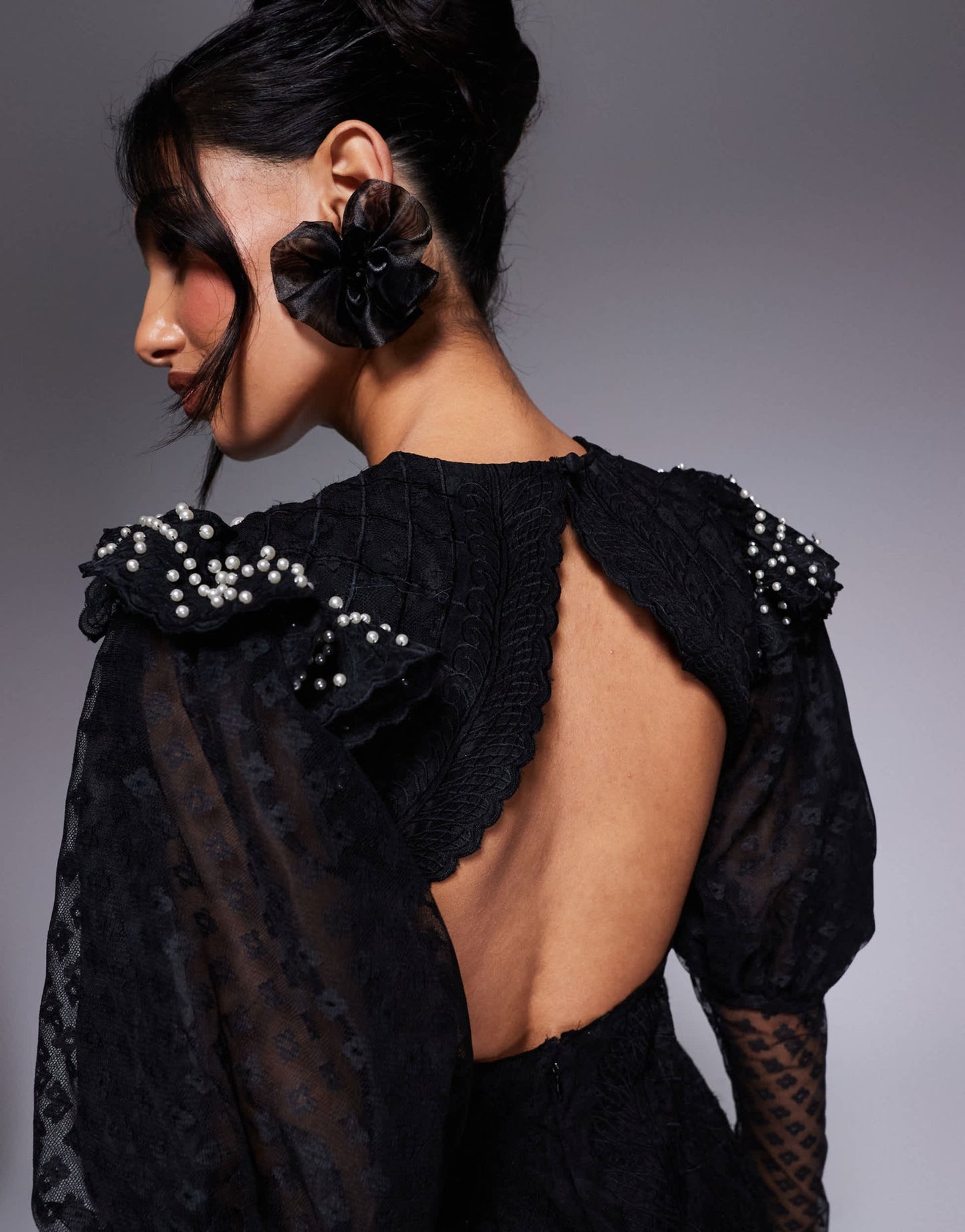 ASOS LUXE pearl embellished lace puff sleeve mini dress in black - ASOS Sample Sale