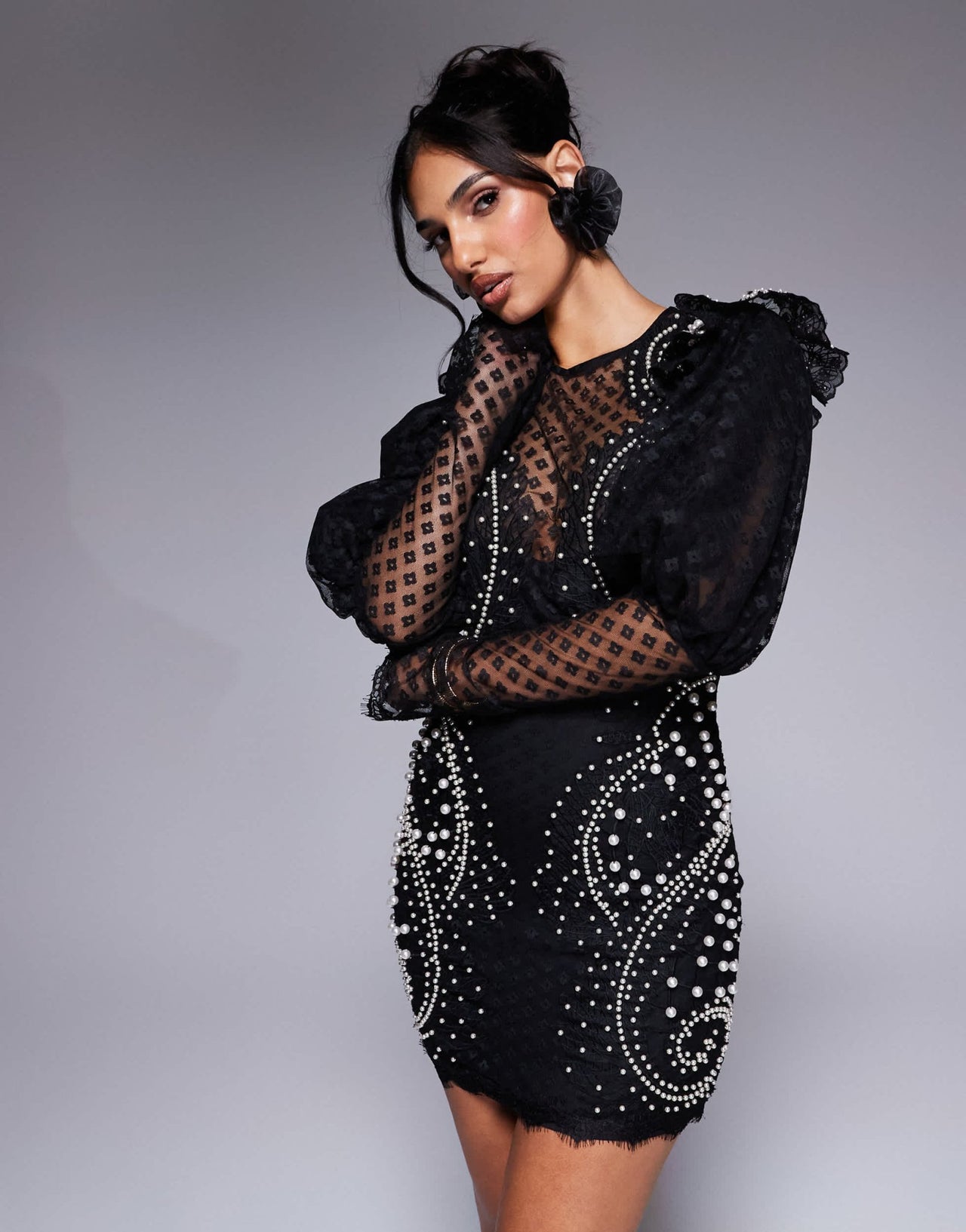 ASOS LUXE pearl embellished lace puff sleeve mini dress in black - ASOS Sample Sale