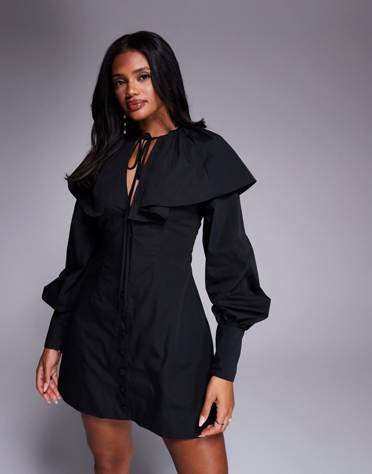 ASOS LUXE pleated collar mini dress in black with tie detail - ASOS Sample Sale