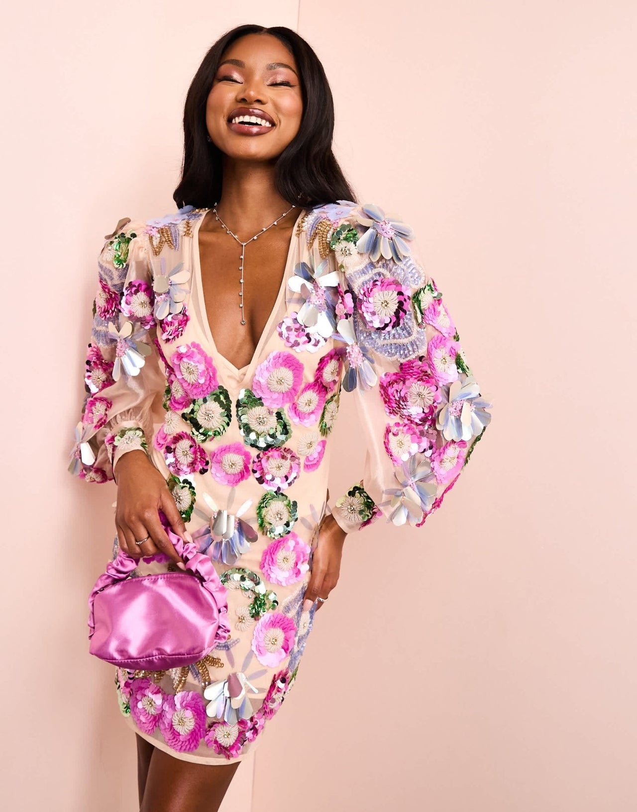 ASOS LUXE v - neck sheer mini dress with placement embellished flowers in pink floral - ASOS Sample Sale