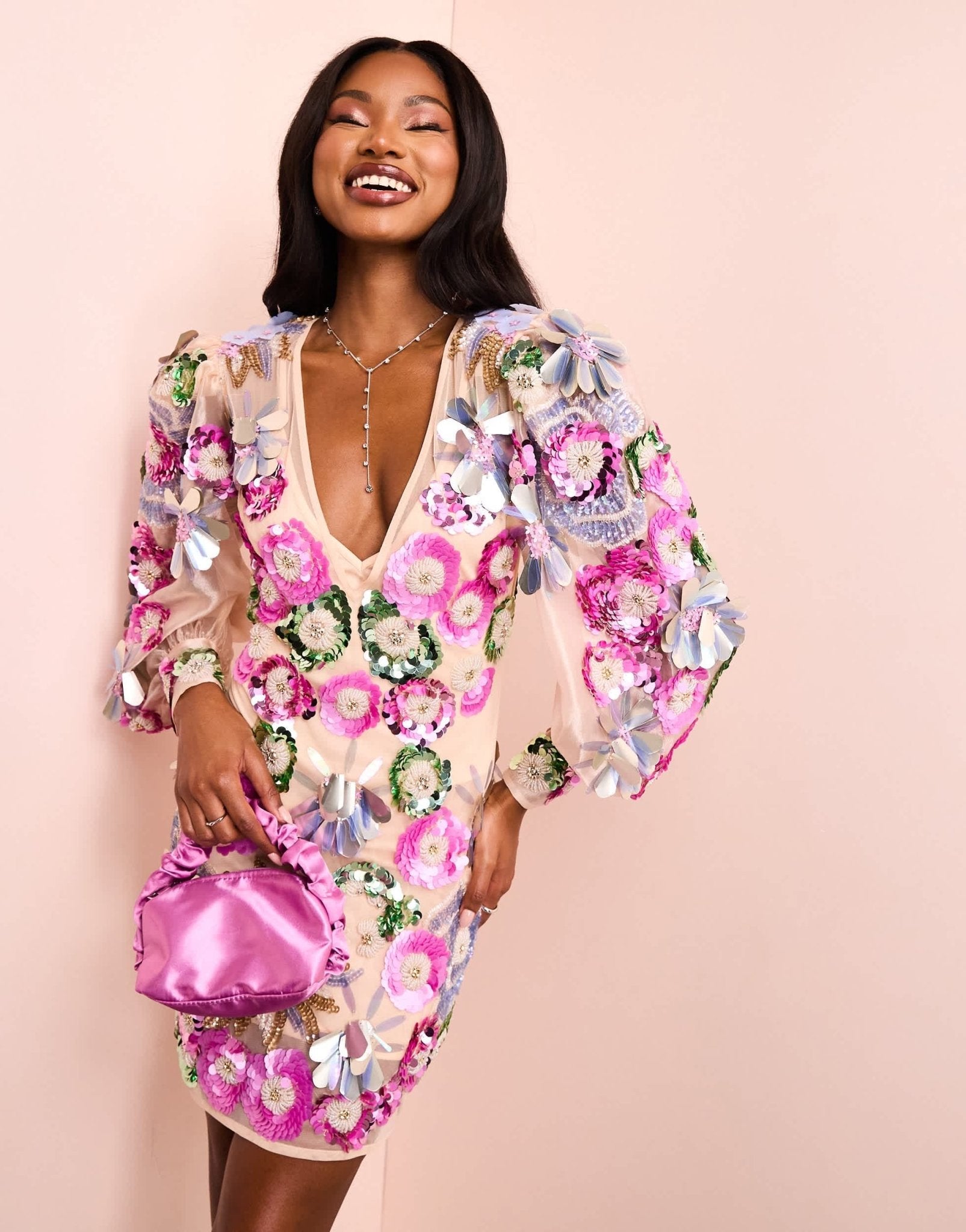 ASOS LUXE v - neck sheer mini dress with placement embellished flowers in pink floral - ASOS Sample Sale