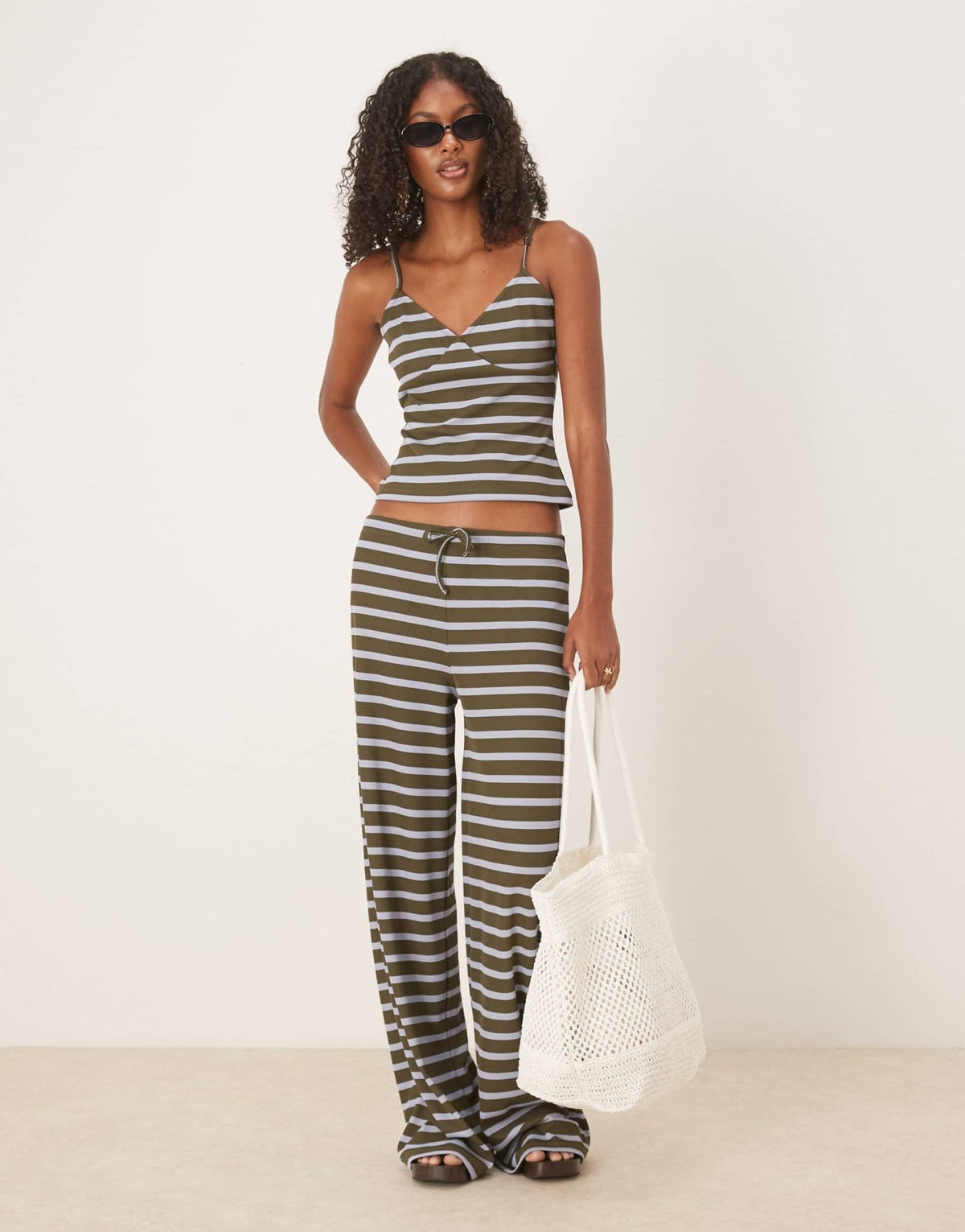 ASOS stripe wide leg mid rise trousers co ord in olive - ASOS Sample Sale