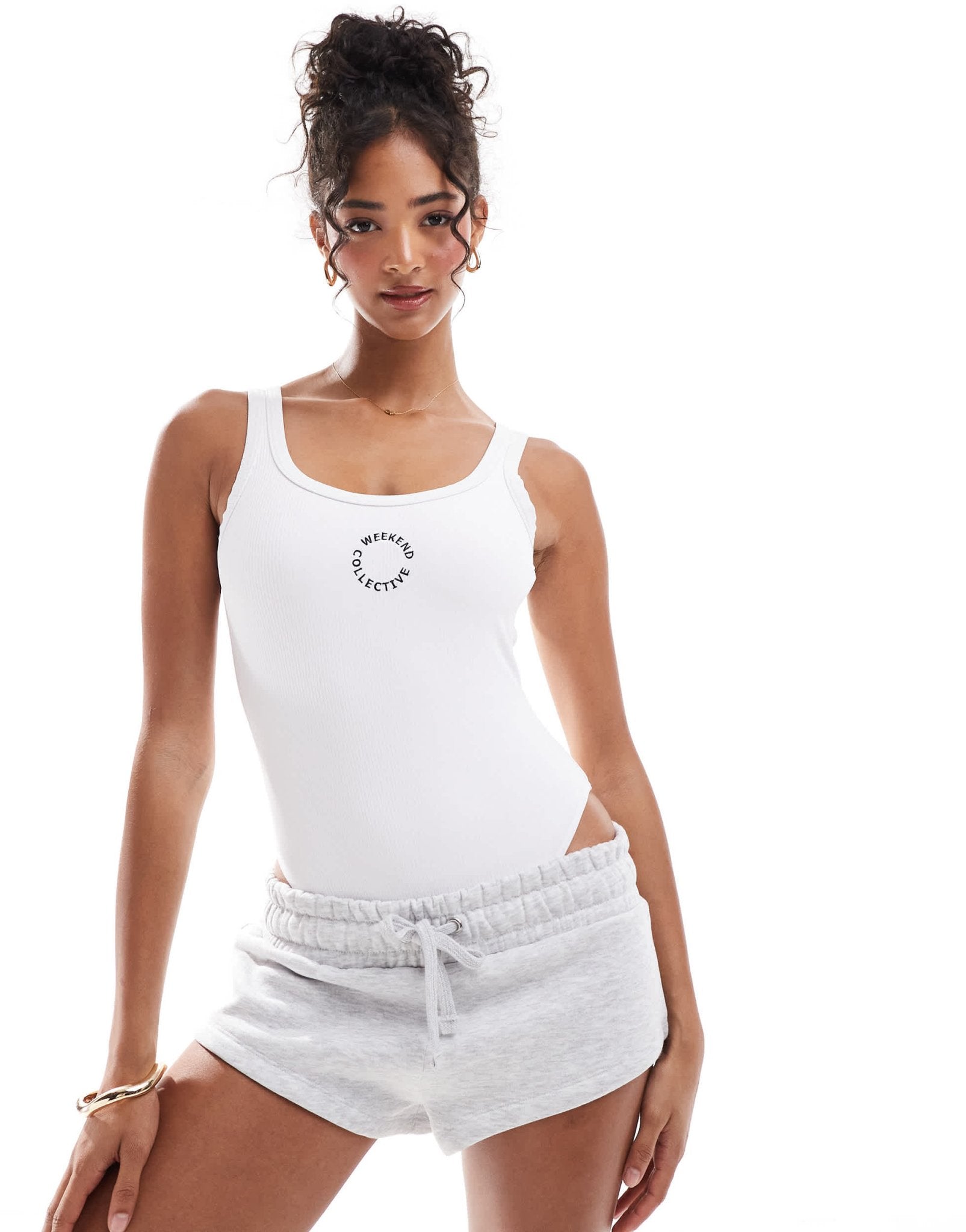 ASOS Weekend Collective scooped back swimsuit with embroidered logo in white rib - ASOS Sample Sale
