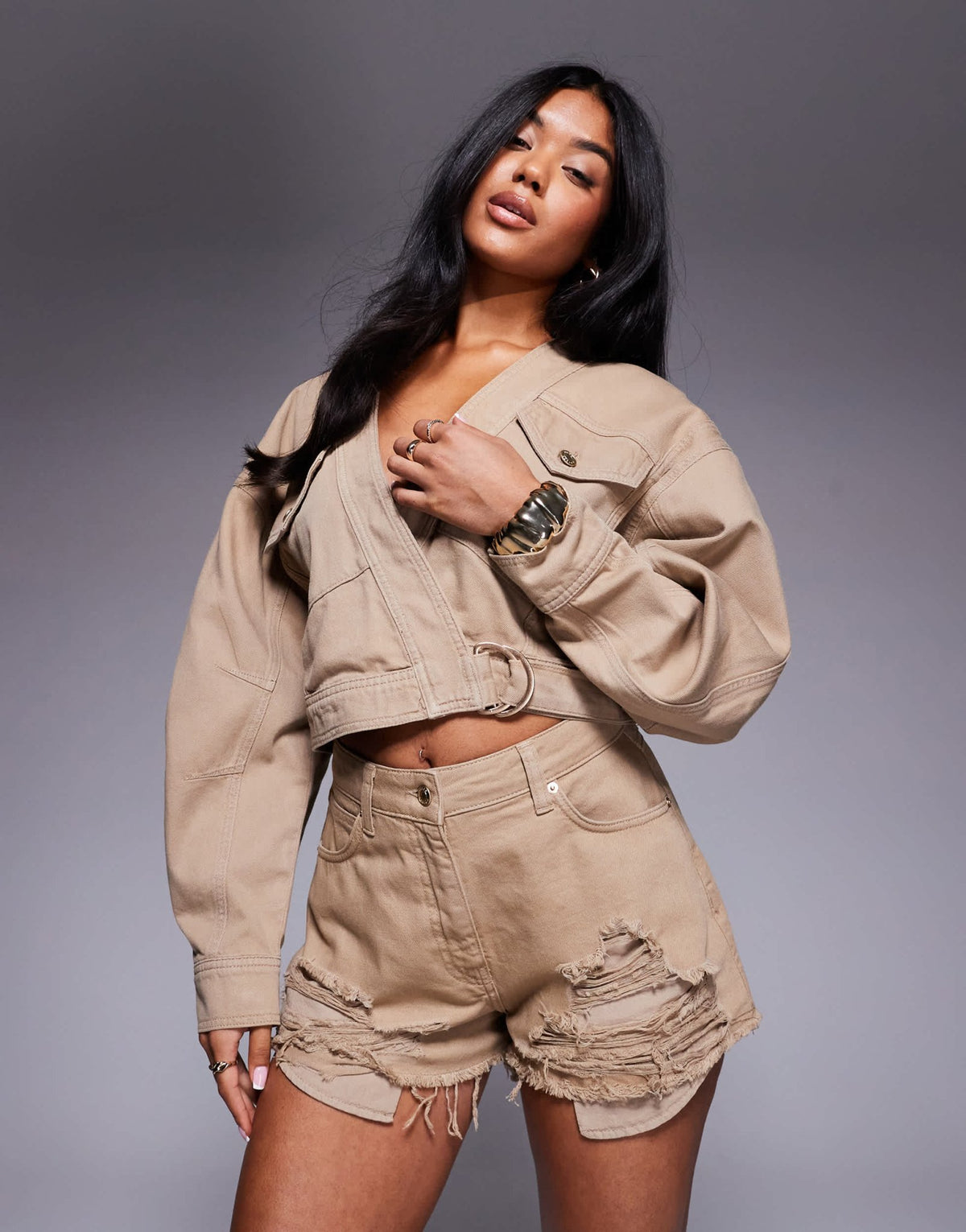ASOS X THE SOURCED COLLECTION distressed shorts in tan - ASOS Sample Sale