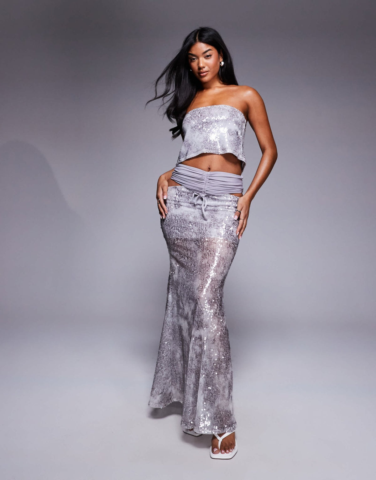 ASOS x THE SOURCED COLLECTION sequin ruched maxi skirt co-ord in grey - ASOS Sample Sale
