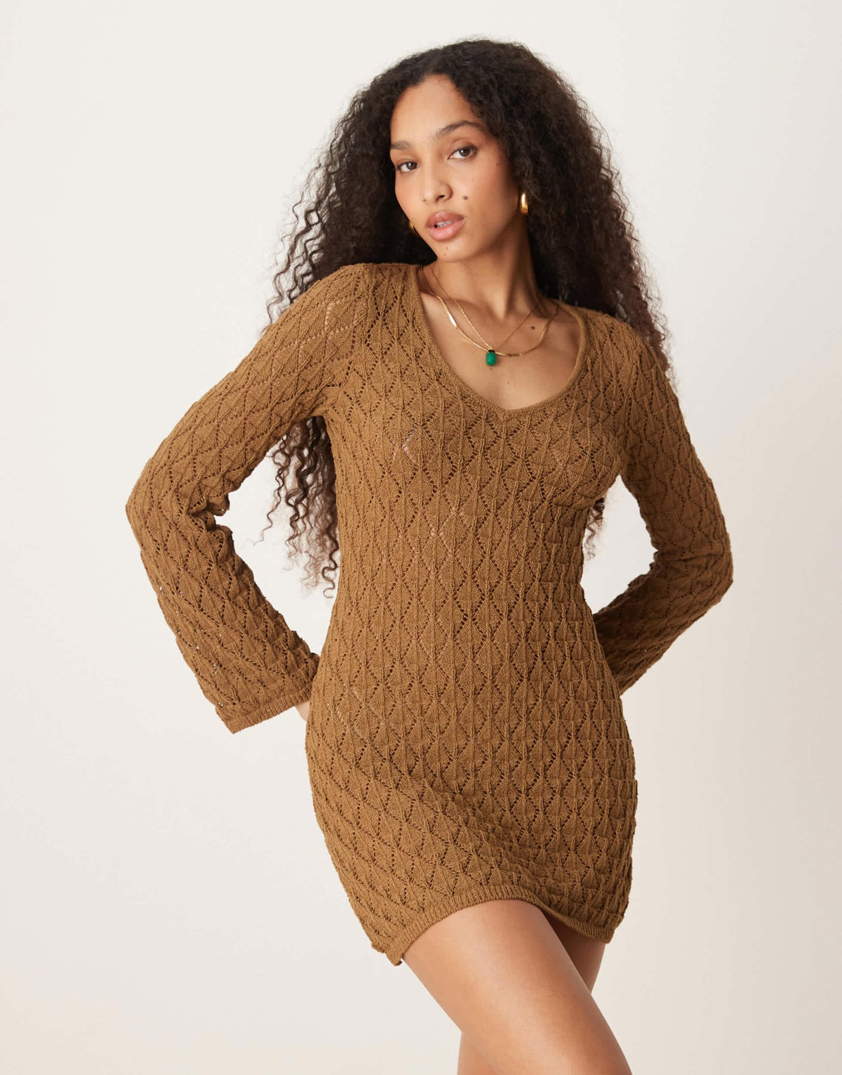 AWARE crochet knit mini dress with wide sleeves in brown - ASOS Sample Sale