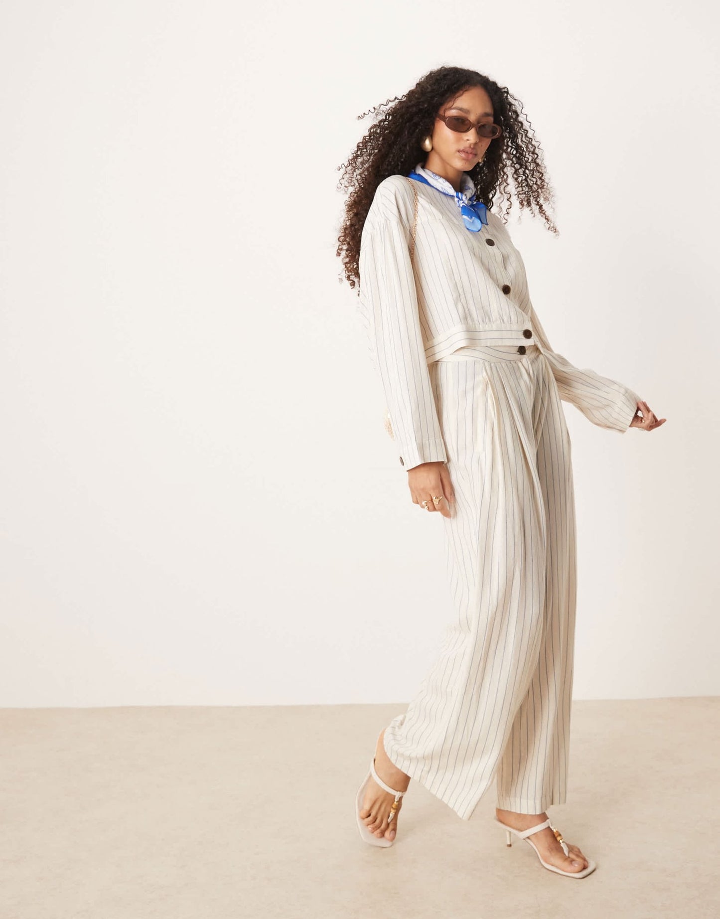 AWARE linen touch buttondown top co-ord in white pinstripe - ASOS Sample Sale