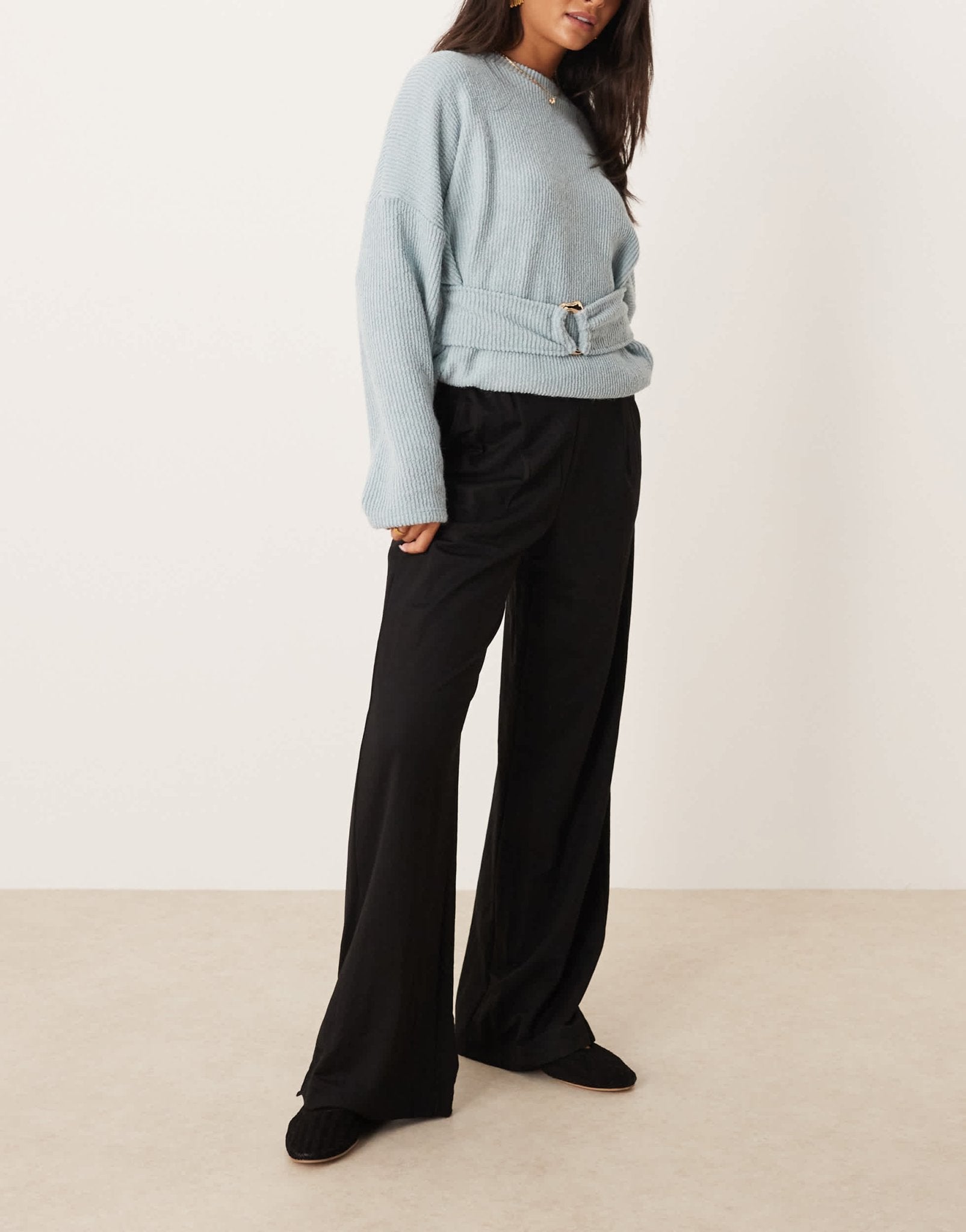AWARE pleat front wide leg trousers in black - ASOS Sample Sale