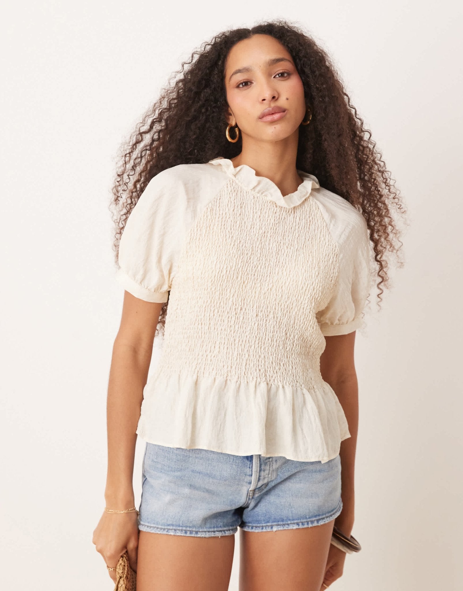 AWARE shirred puff sleeve top in cream - ASOS Sample Sale