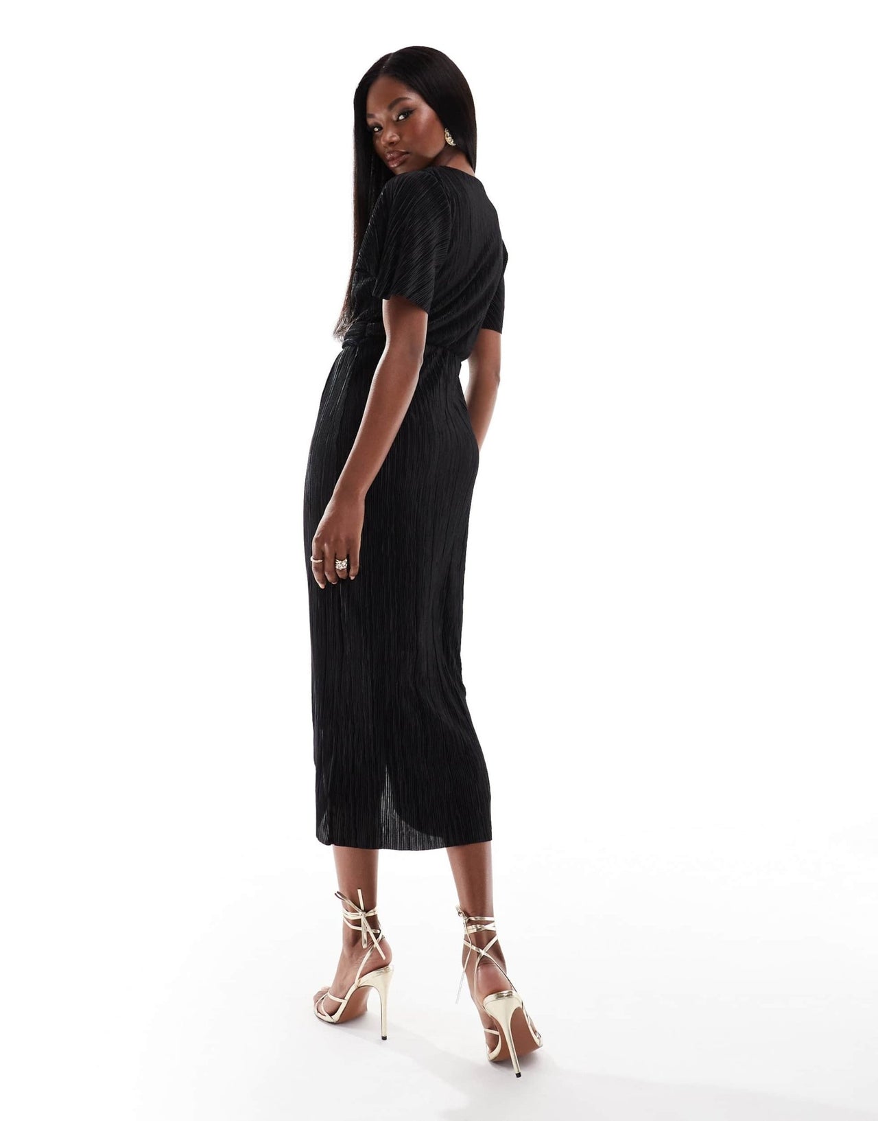 AX Paris plisse short sleeve wrap midi dress with ring detail in black - ASOS Sample Sale