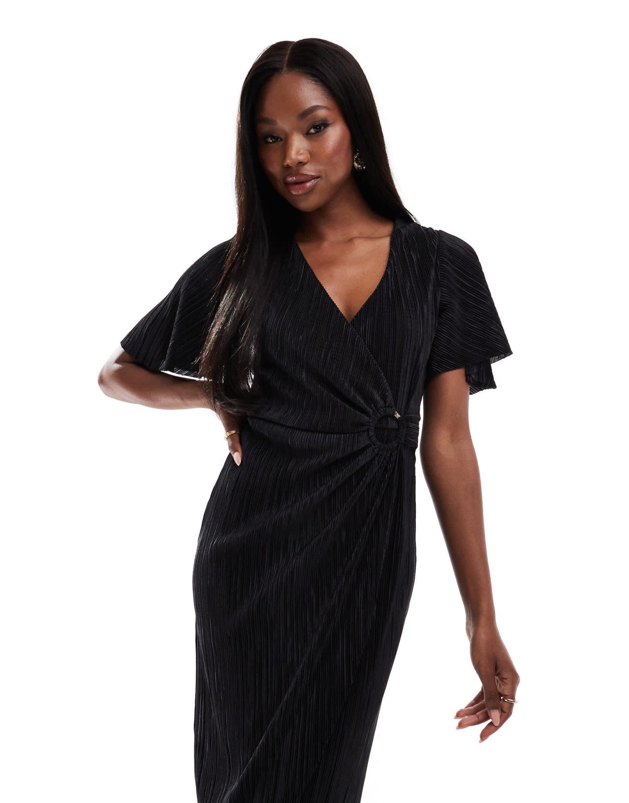 AX Paris plisse short sleeve wrap midi dress with ring detail in black - ASOS Sample Sale