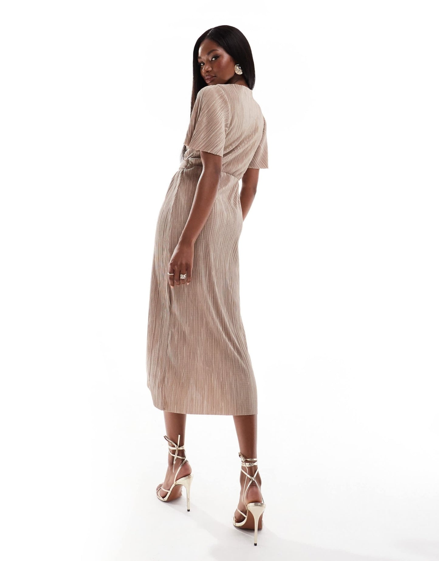 AX Paris plisse short sleeve wrap midi dress with ring detail in taupe - ASOS Sample Sale