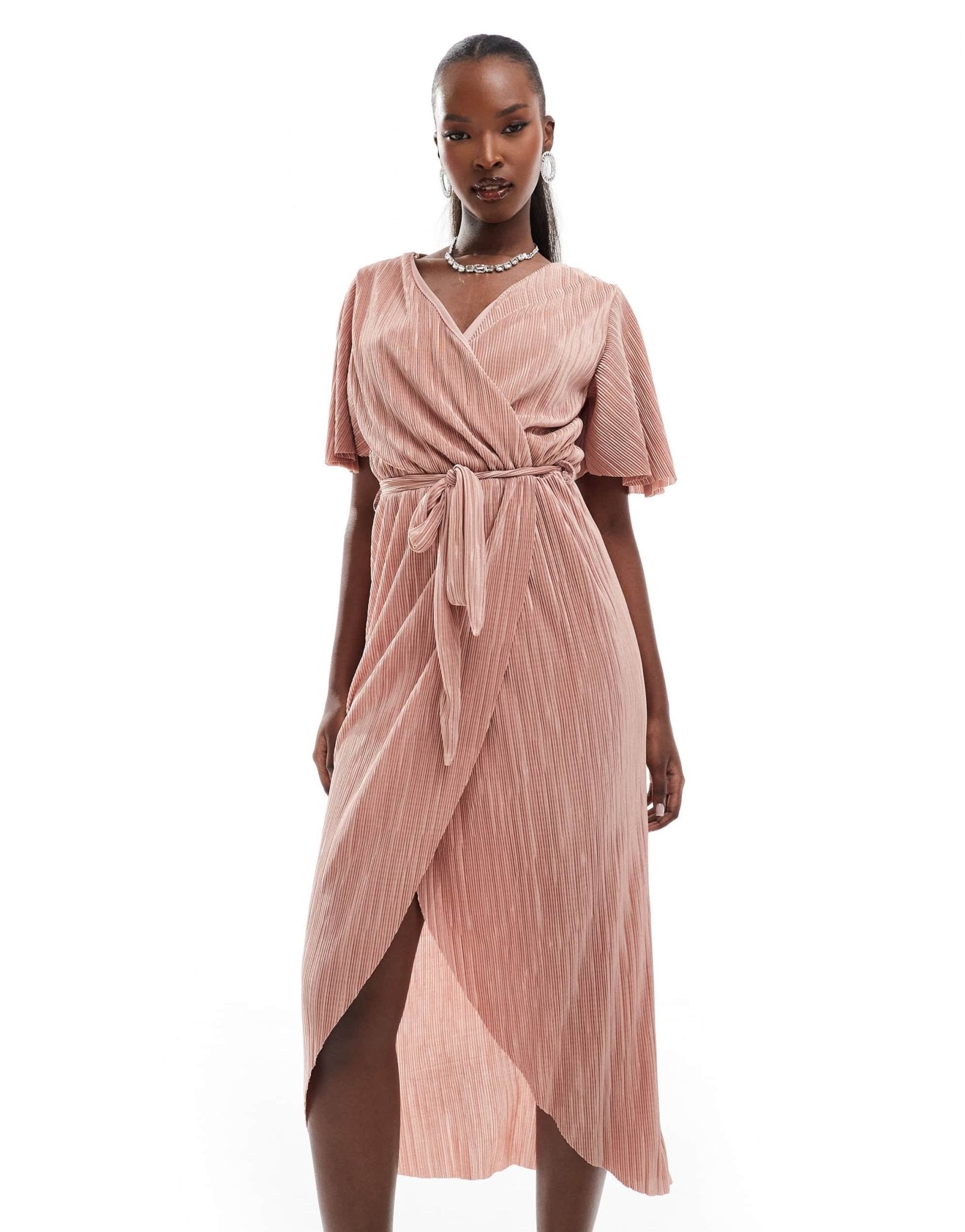 AX Paris short sleeve wrap plisse midi dress in pink - ASOS Sample Sale