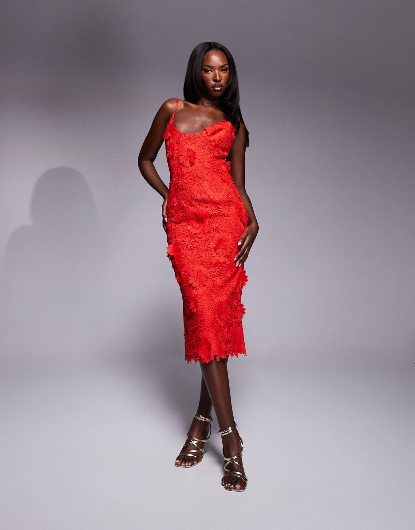 Bardot 3D lace midi dress in red - ASOS Sample Sale
