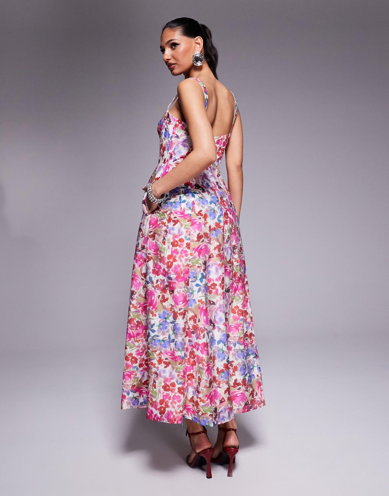 Bardot corset midi dress in pink floral - ASOS Sample Sale