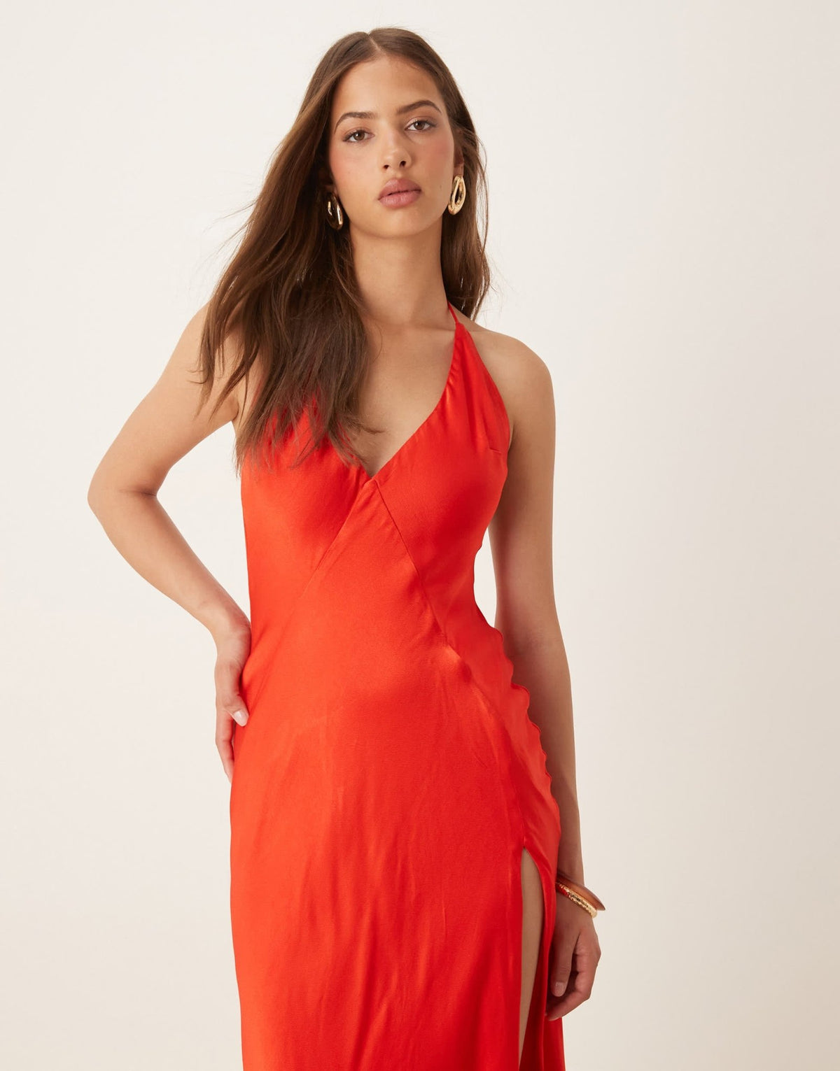 Bardot halter neck satin maxi dress in red - ASOS Sample Sale