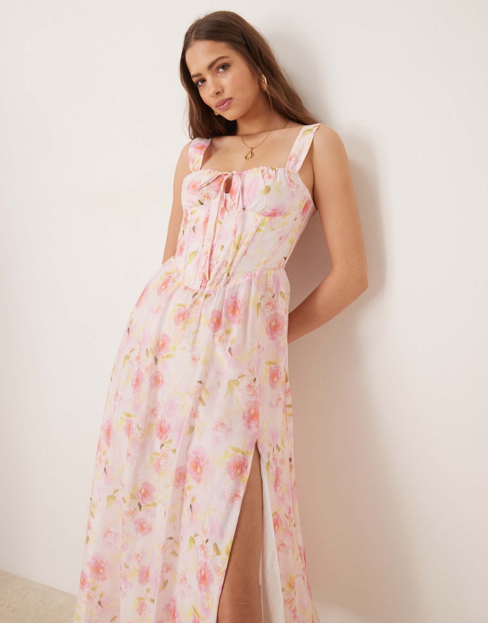 Bardot midi dress in pink floral - ASOS Sample Sale