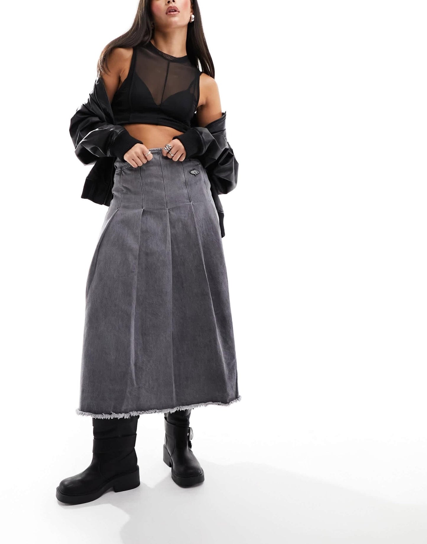 Basic Pleasure Mode angelica denim maxi kilt skirt in grey - ASOS Sample Sale