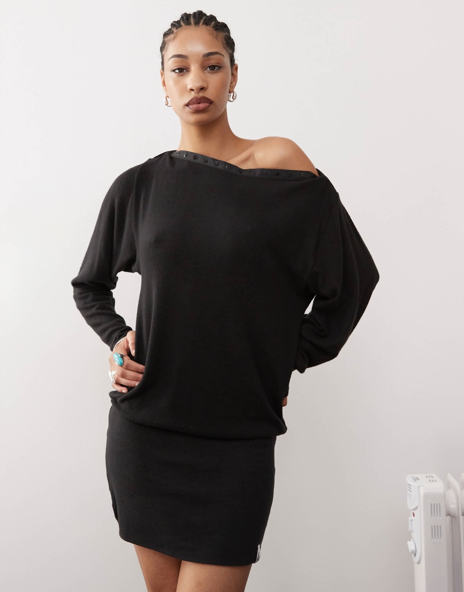 Basic Pleasure Mode bonnie popper detail slash neck mini dress in charcoal grey - ASOS Sample Sale