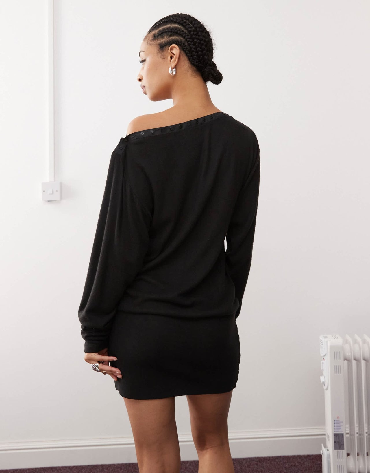 Basic Pleasure Mode bonnie popper detail slash neck mini dress in charcoal grey - ASOS Sample Sale