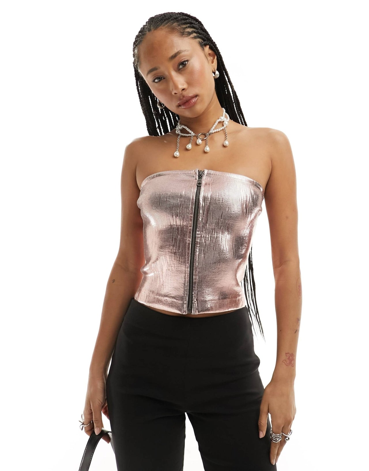 Basic Pleasure Mode metallic ribbed bandeau top in pink foil - ASOS Sample Sale