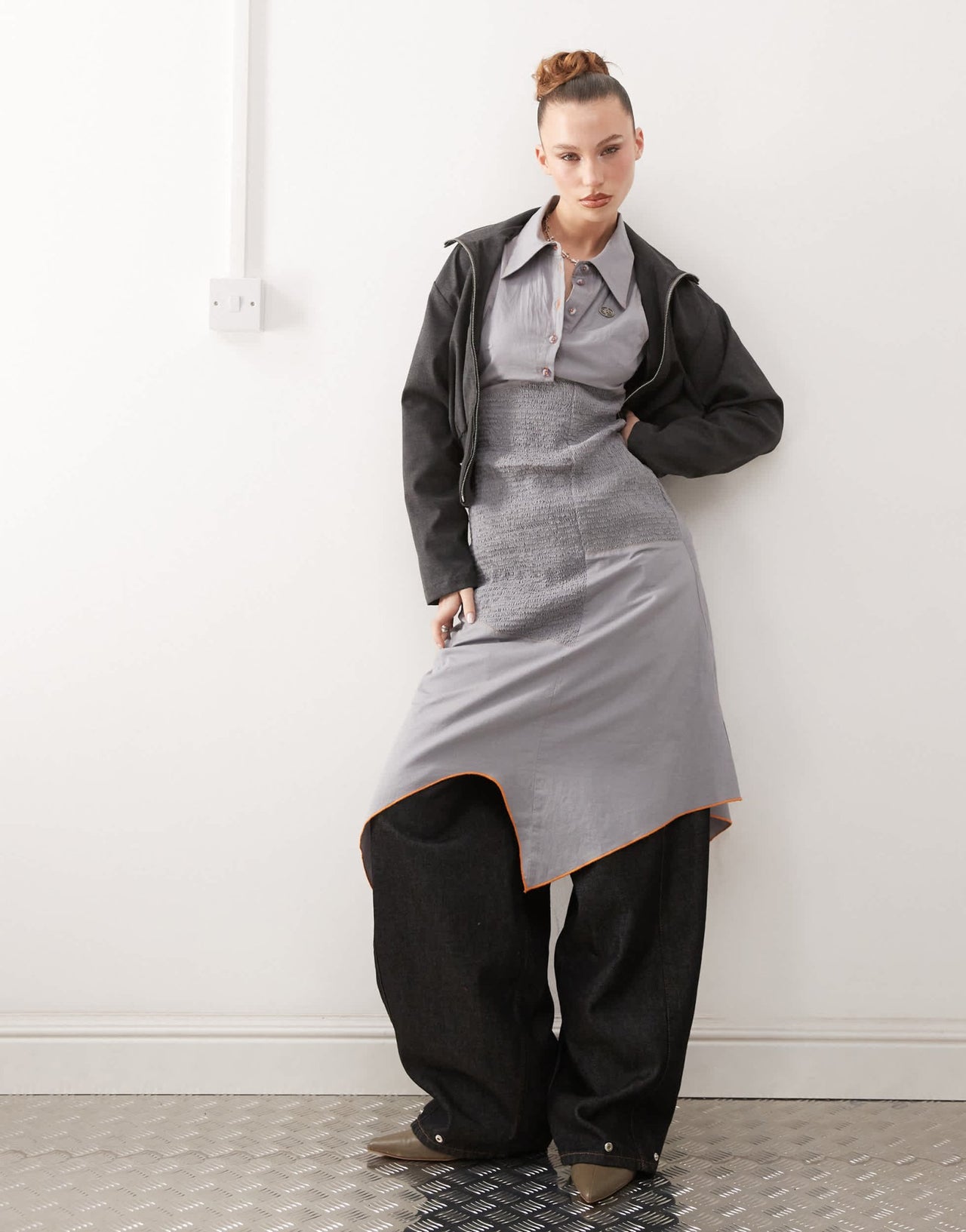 Basic Pleasure Mode shirred panneled shirt dress in grey - ASOS Sample Sale