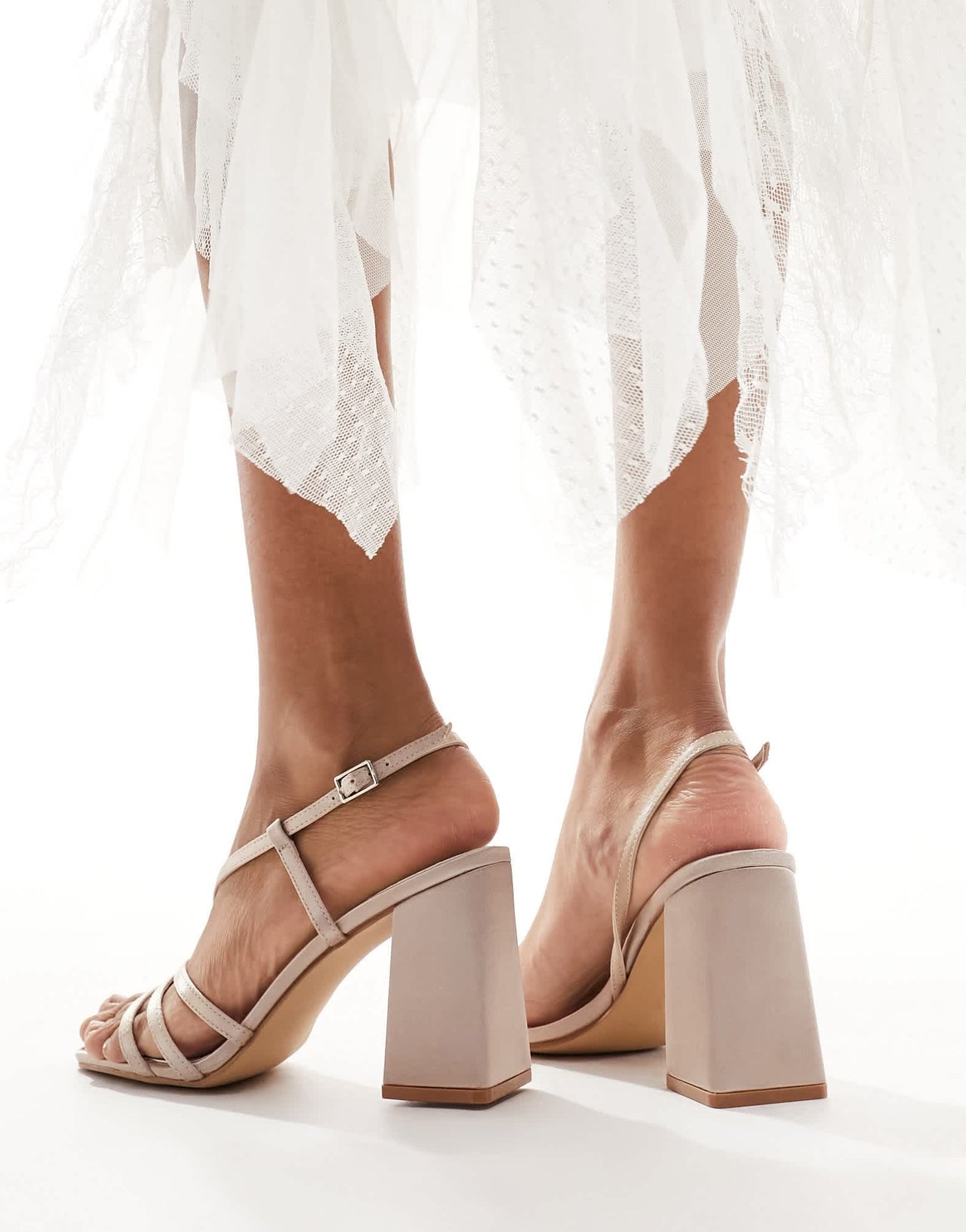 Be Mine Bridal Adilette asymmetric strap block heel sandals in blush - ASOS Sample Sale