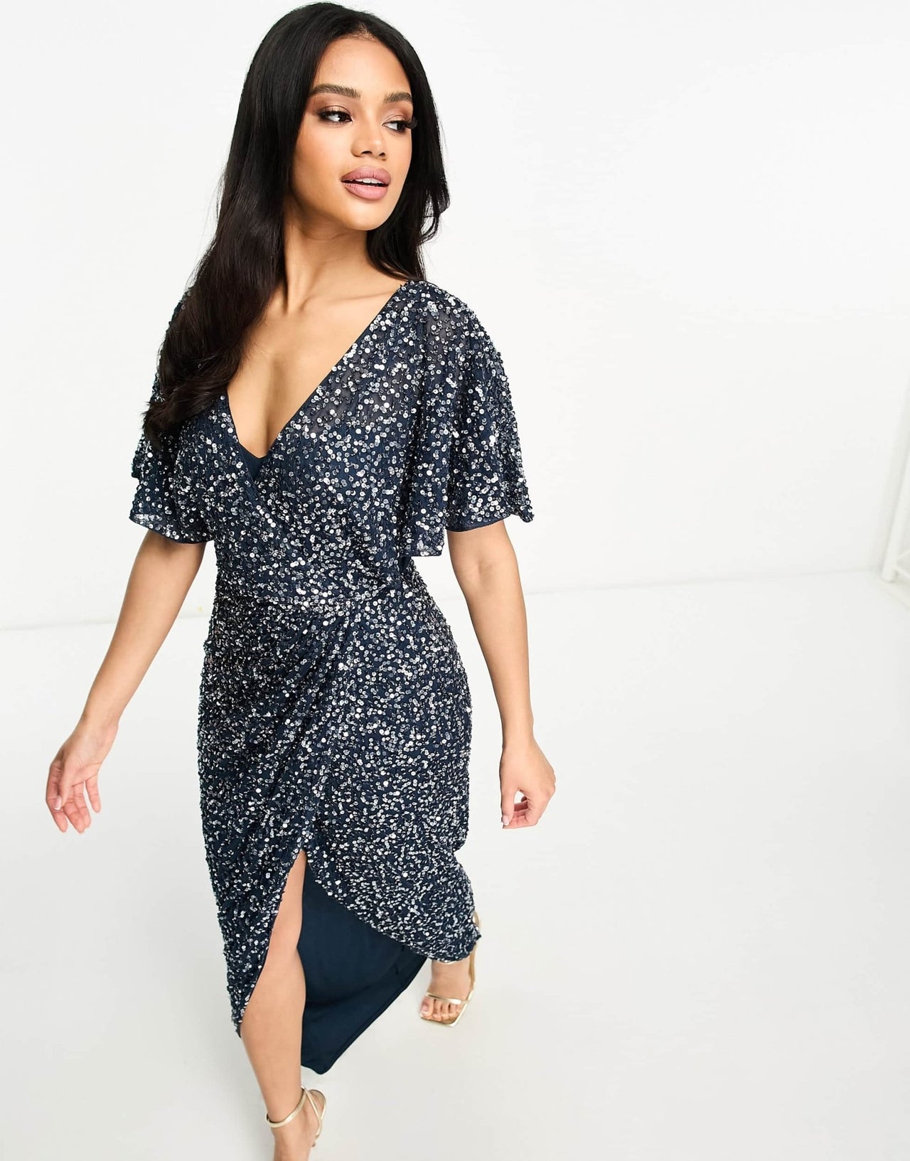 Beauut Bridesmaid embellished maxi wrap dress in navy - ASOS Sample Sale