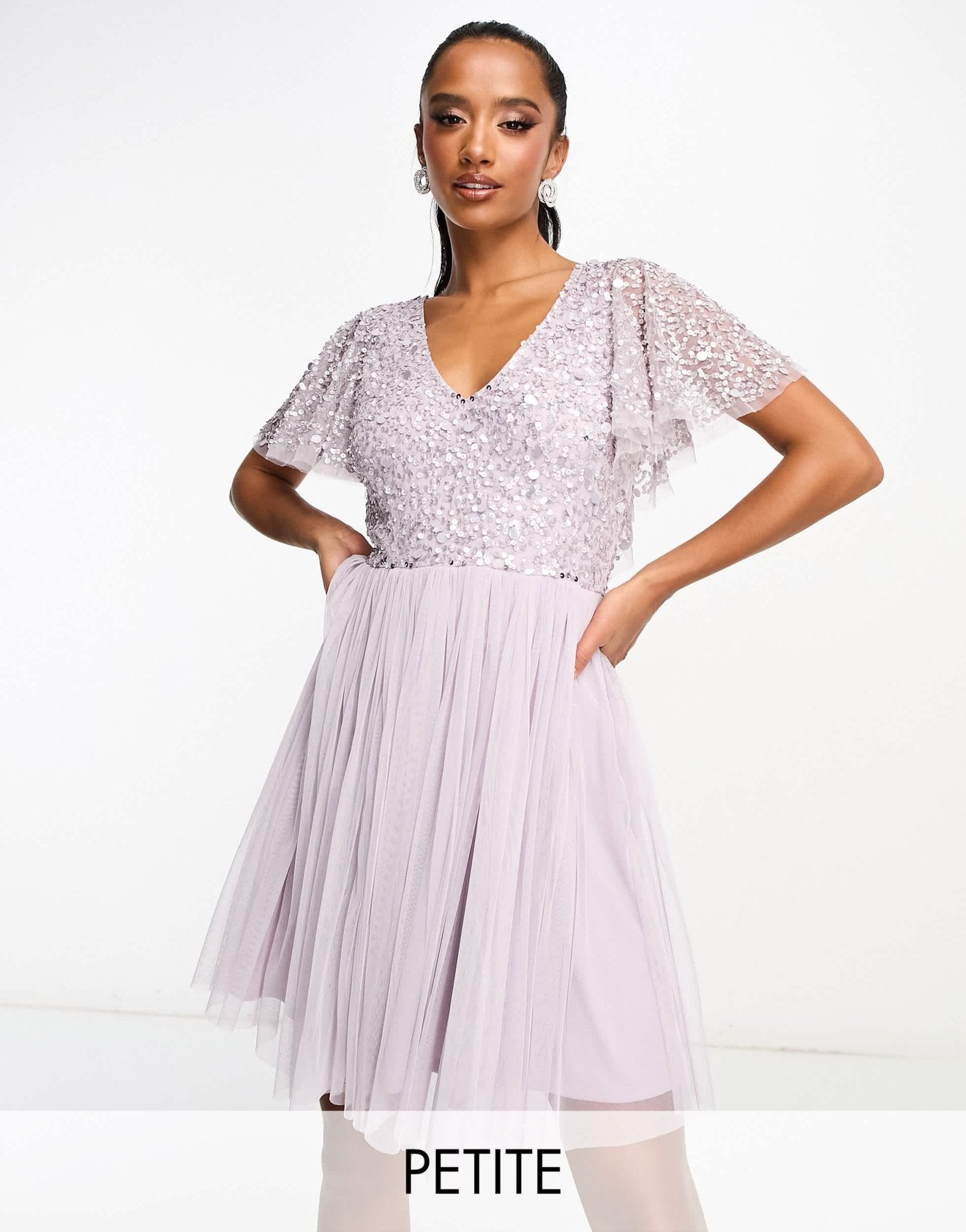 Beauut Petite Bridesmaid embellished mini dress with flutter detail in lilac - ASOS Sample Sale