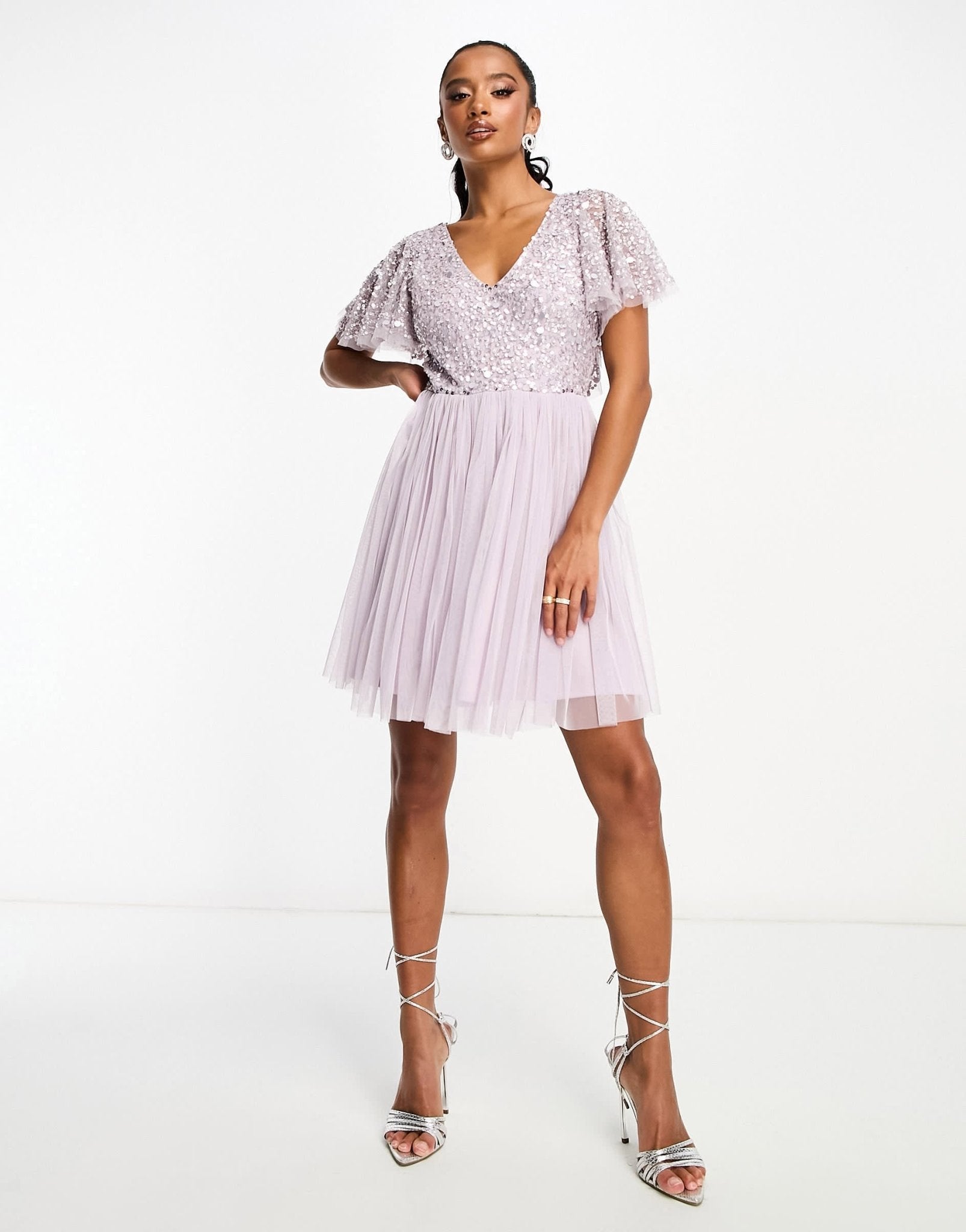 Beauut Petite Bridesmaid embellished mini dress with flutter detail in lilac - ASOS Sample Sale