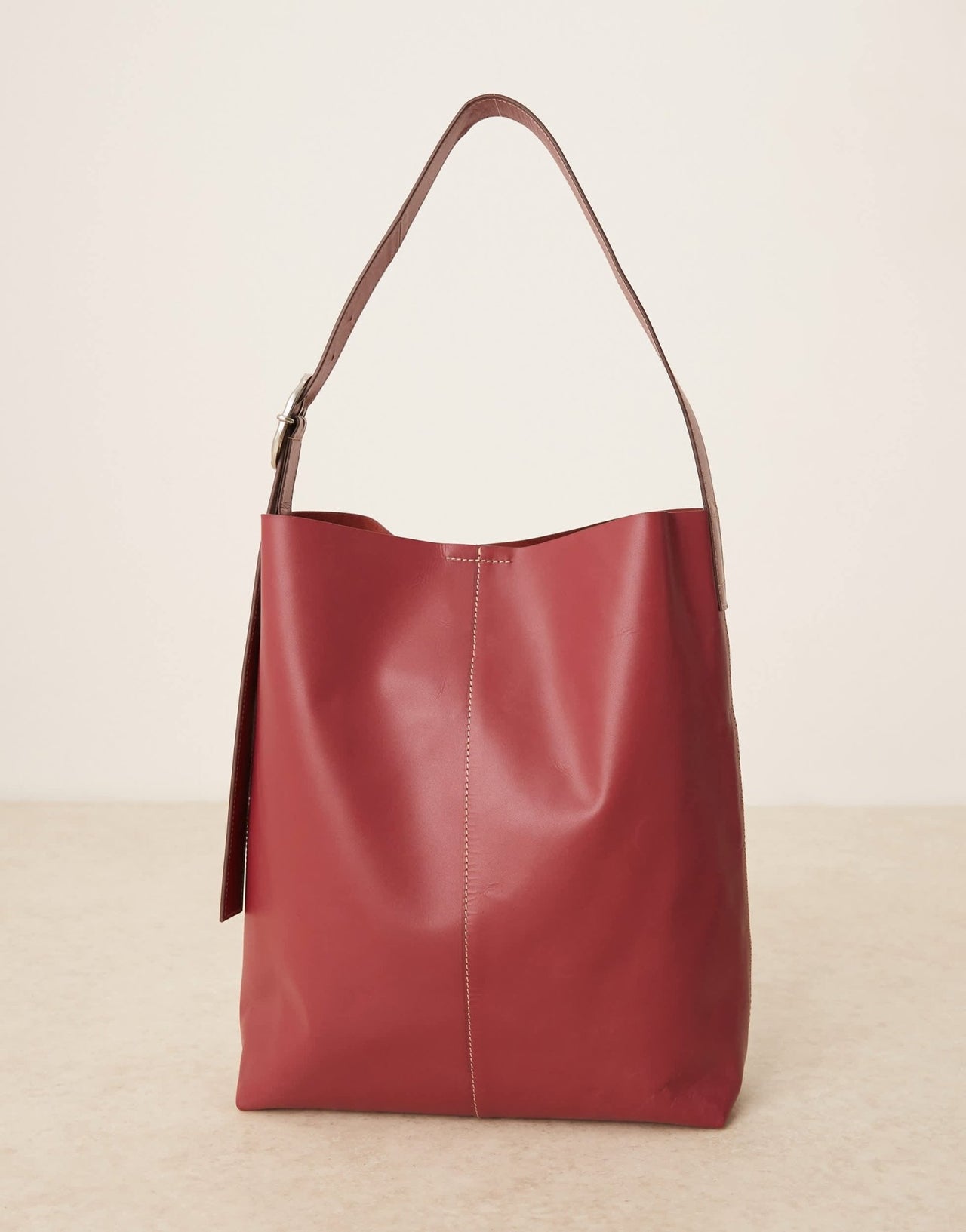 Becksondergaard mae leather shoulder tote bag with buckle strap in burgundy - ASOS Sample Sale