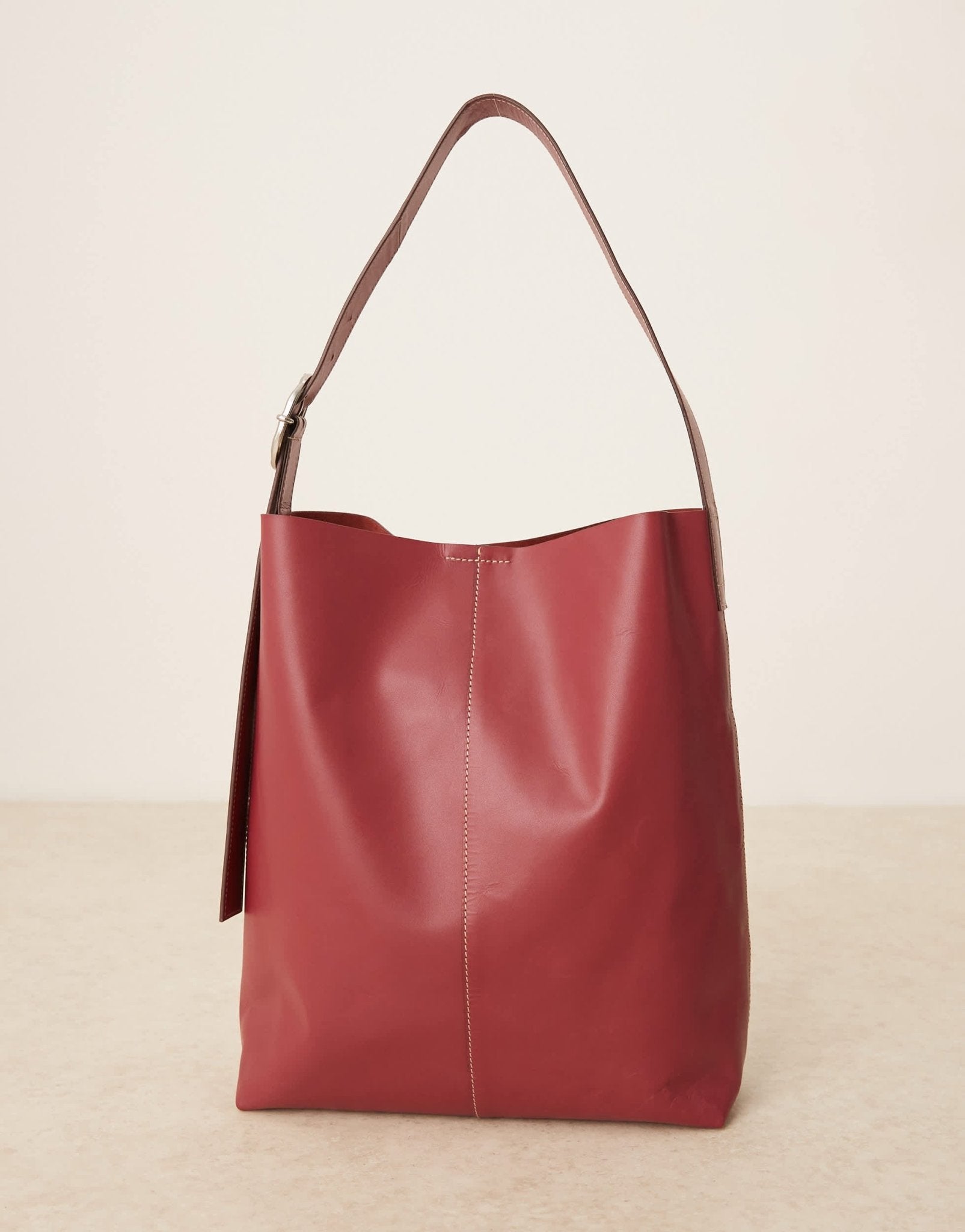 Becksondergaard mae leather shoulder tote bag with buckle strap in burgundy - ASOS Sample Sale