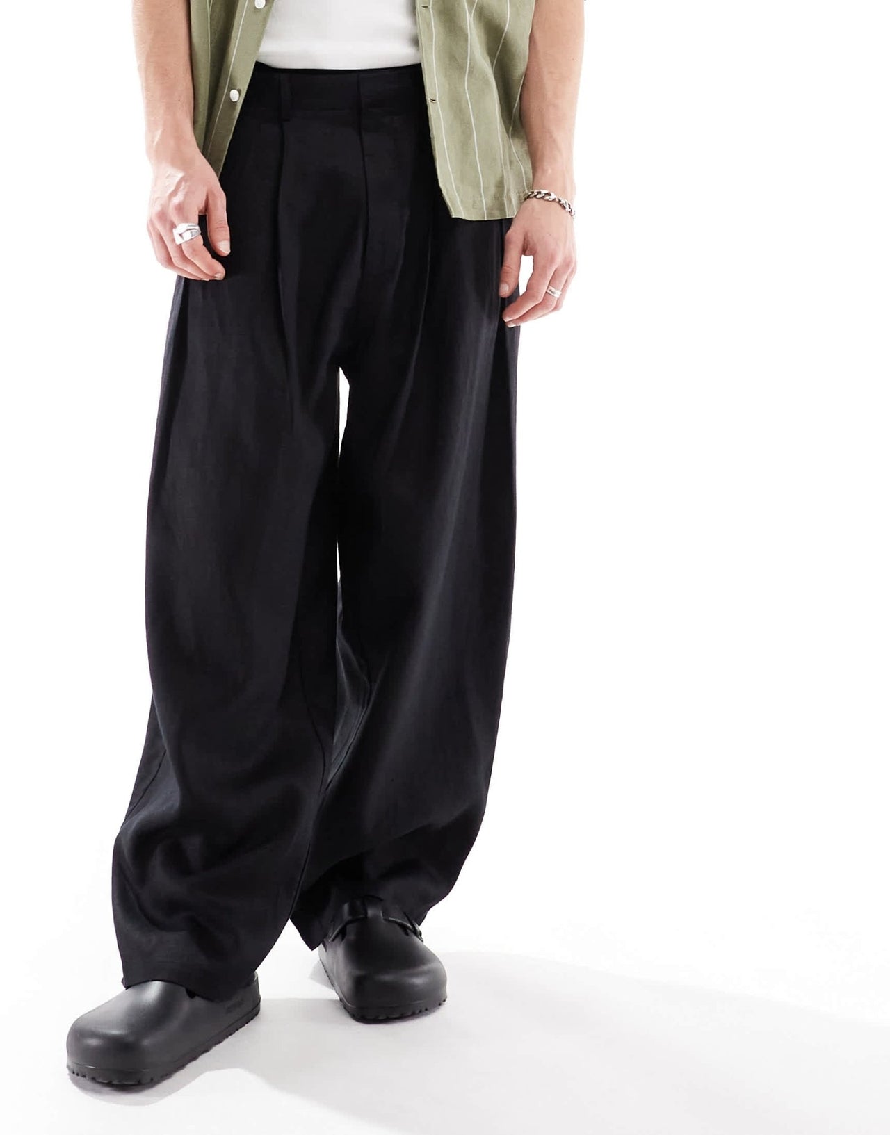 Bershka 100% linen tailored trouser in black - ASOS Sample Sale