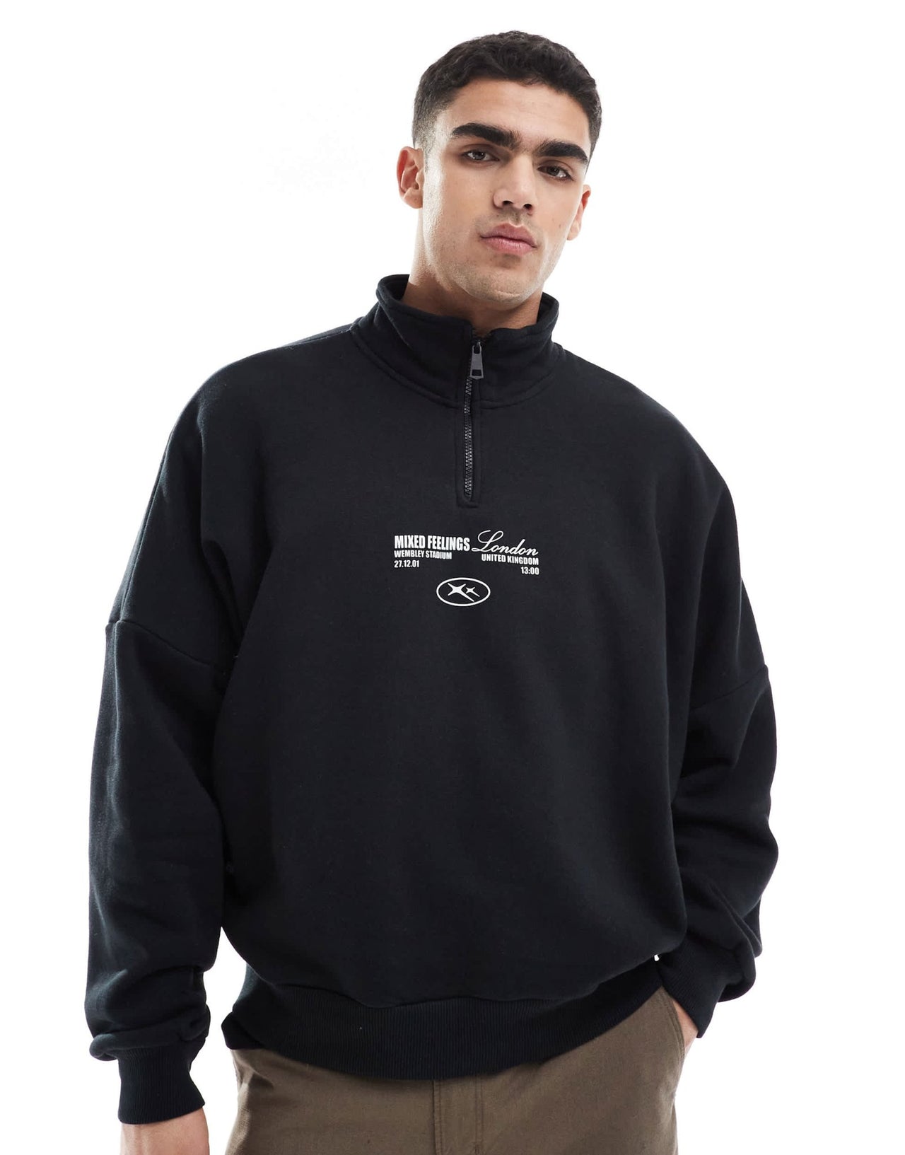 Bershka 1/4 zip piped back printed sweatshirt in black - ASOS Sample Sale