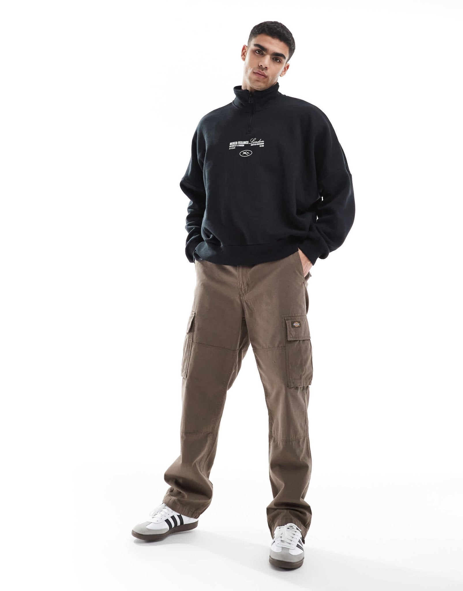 Bershka 1/4 zip piped back printed sweatshirt in black - ASOS Sample Sale