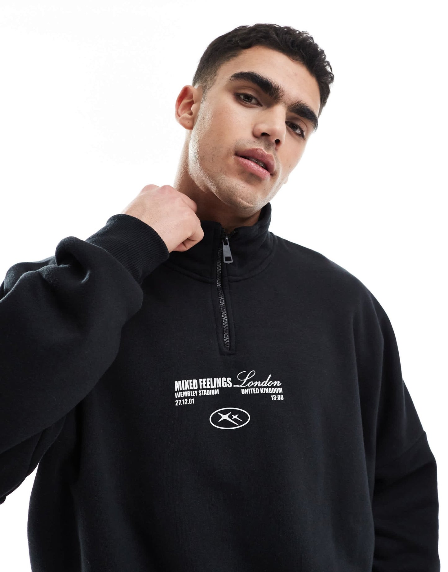 Bershka 1/4 zip piped back printed sweatshirt in black - ASOS Sample Sale