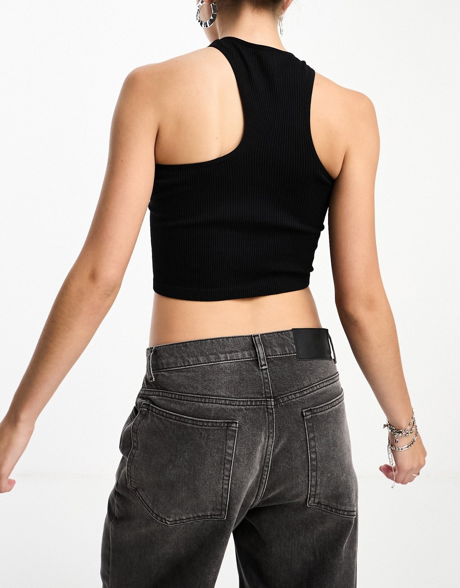 Bershka 2 pack ribbed asymmetric racerneck top in grey & black - ASOS Sample Sale