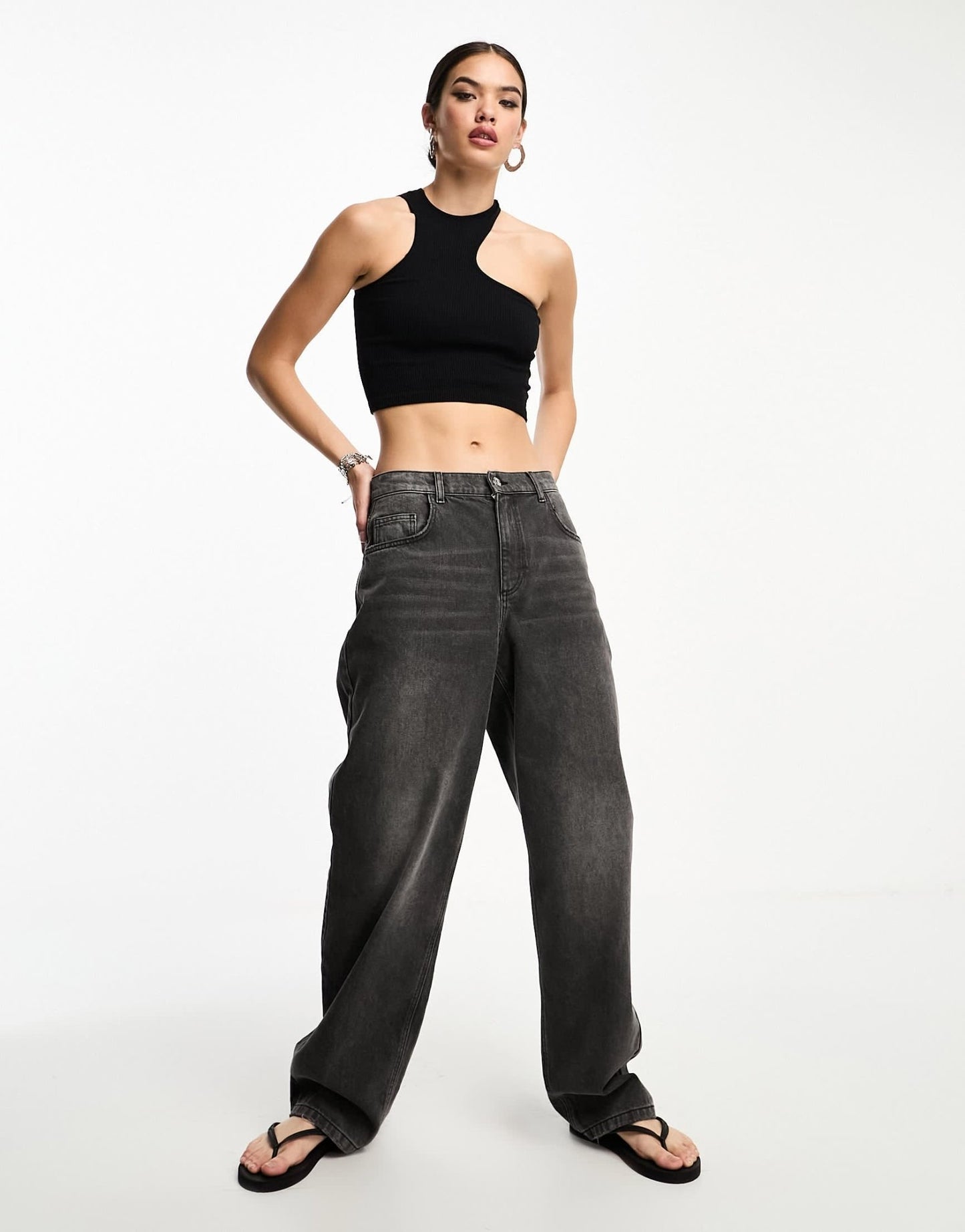 Bershka 2 pack ribbed asymmetric racerneck top in grey & black - ASOS Sample Sale