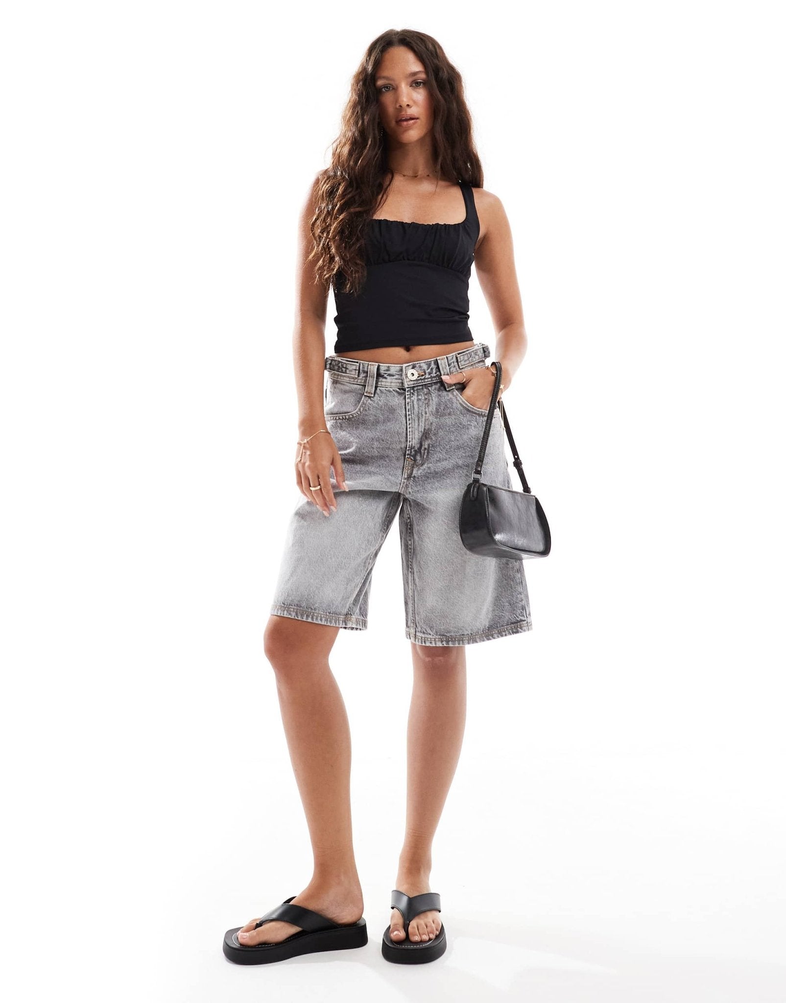 Bershka adjustable waist baggy longline shorts in grey - ASOS Sample Sale