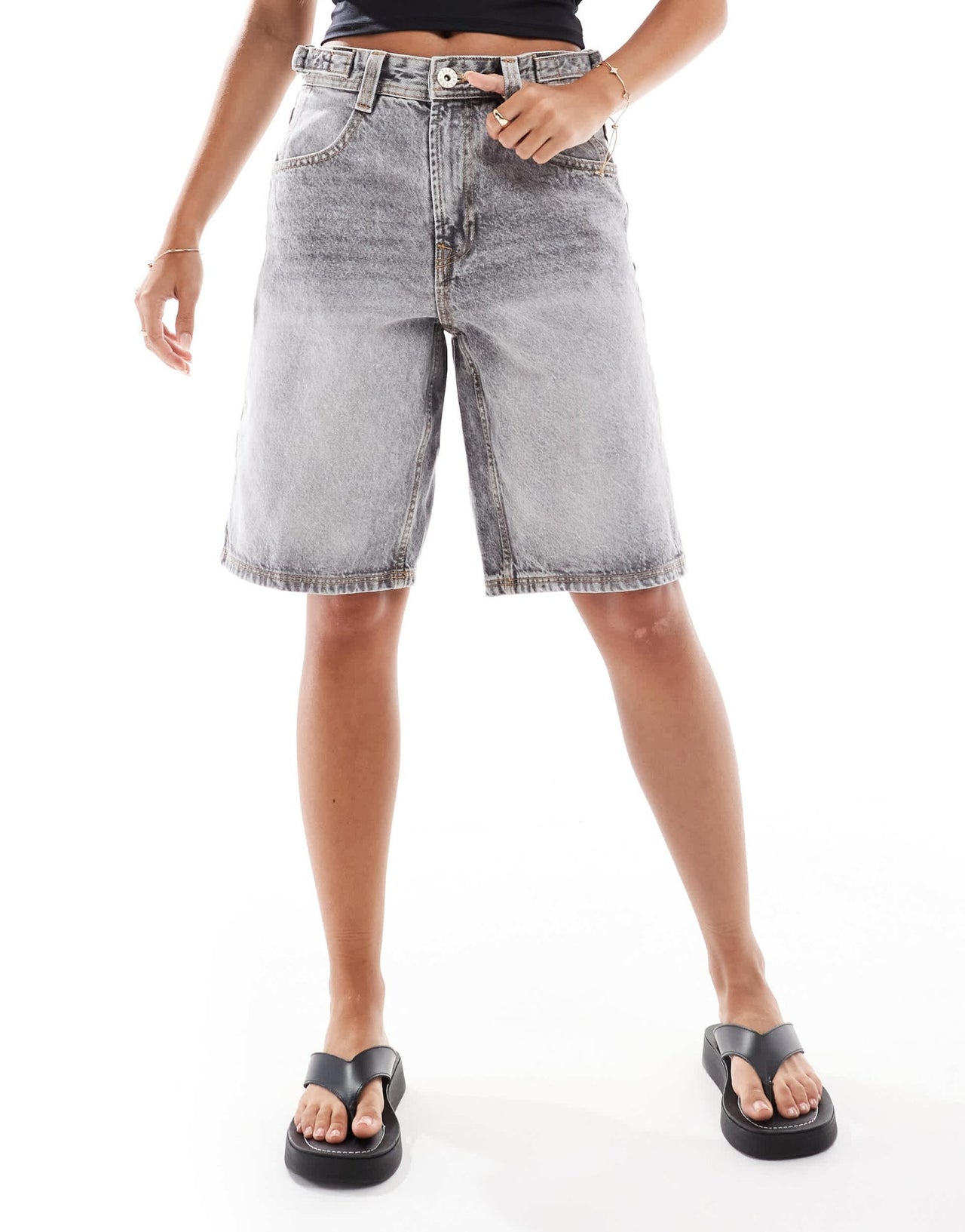 Bershka adjustable waist baggy longline shorts in grey - ASOS Sample Sale