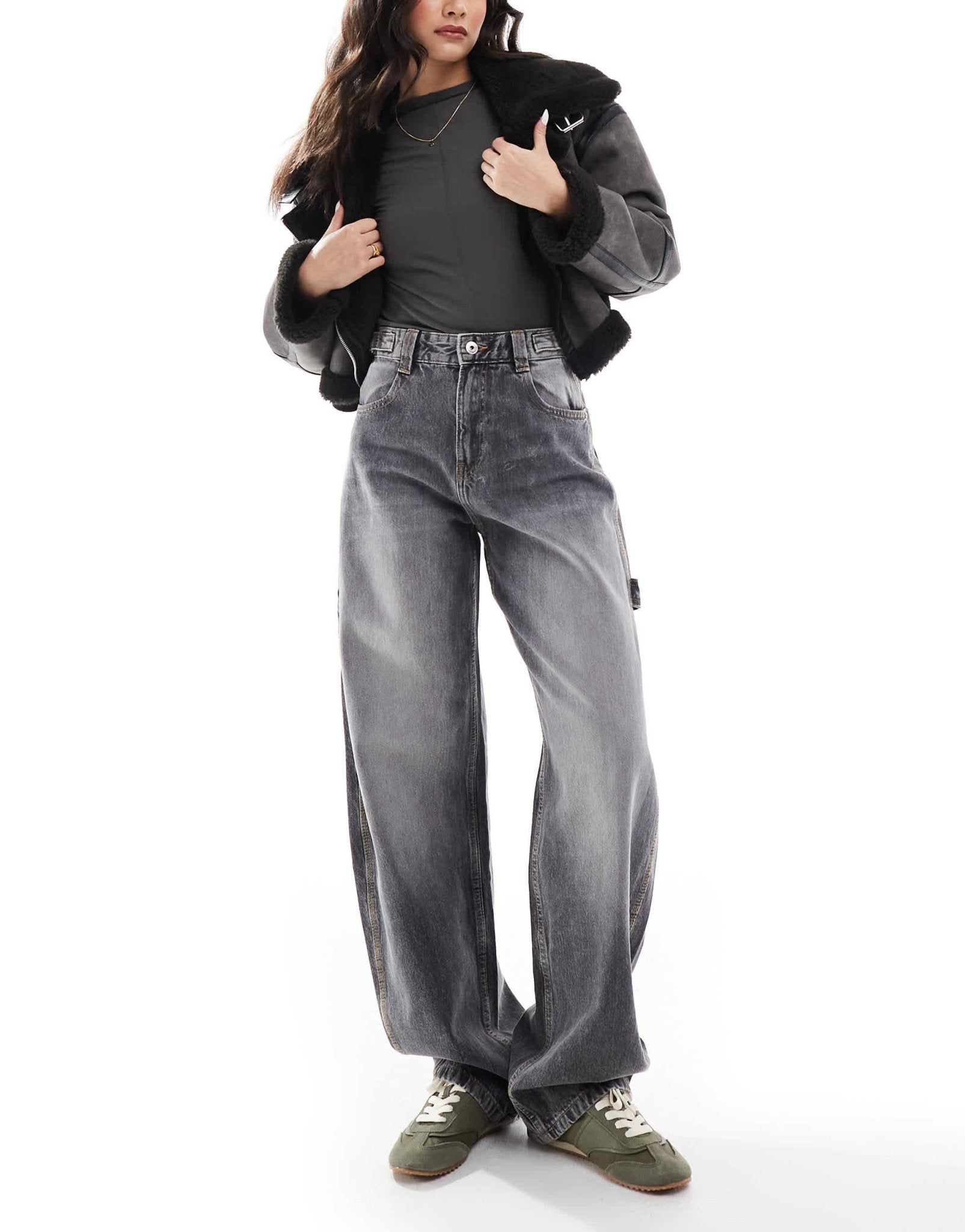 Bershka adjustable waist carpenter jeans in grey - ASOS Sample Sale