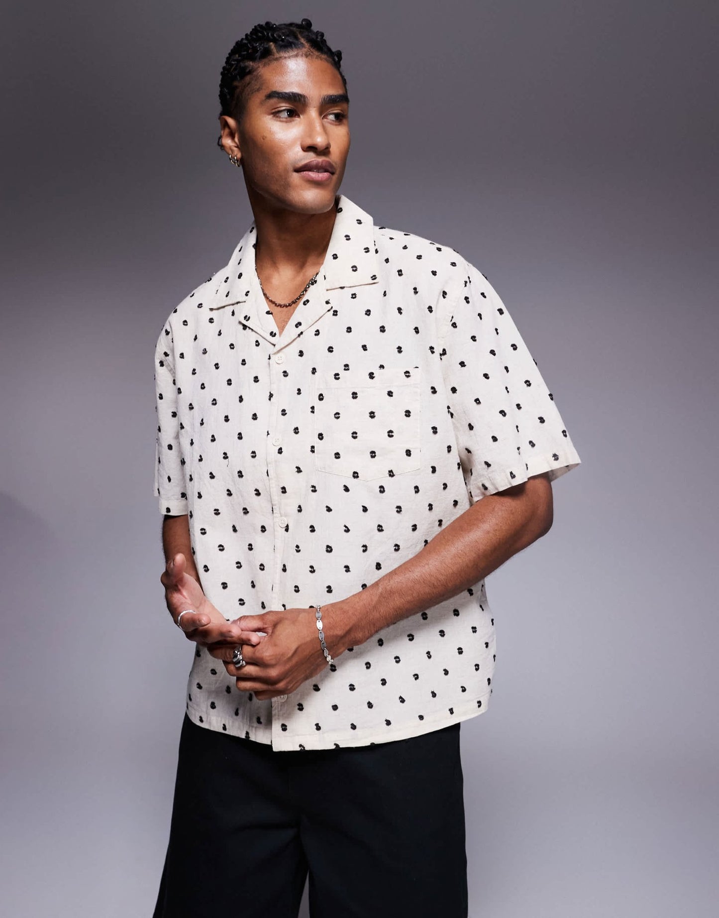 Bershka all over embroidered natural shirt in ecru - ASOS Sample Sale