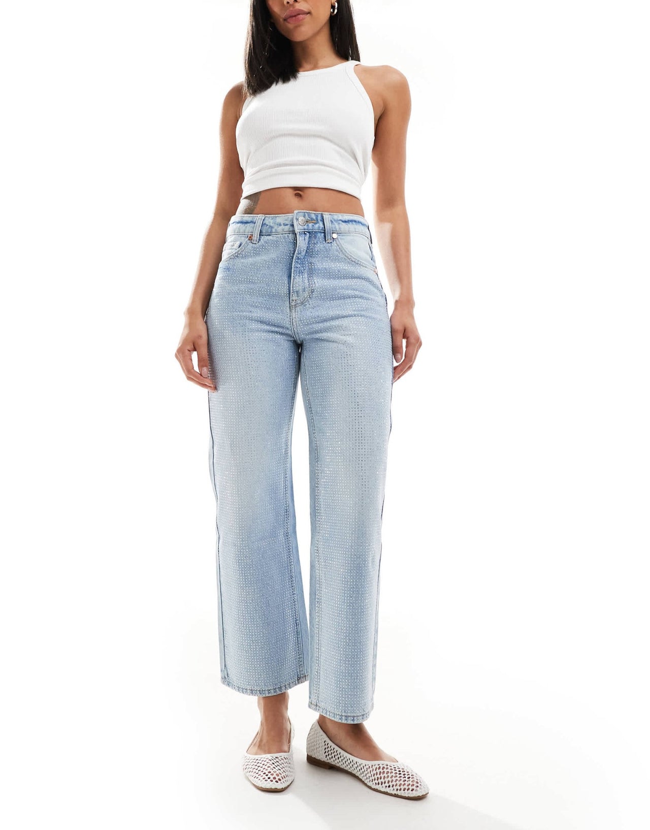 Bershka ankle length straight wide leg jeans in mid wash - ASOS Sample Sale