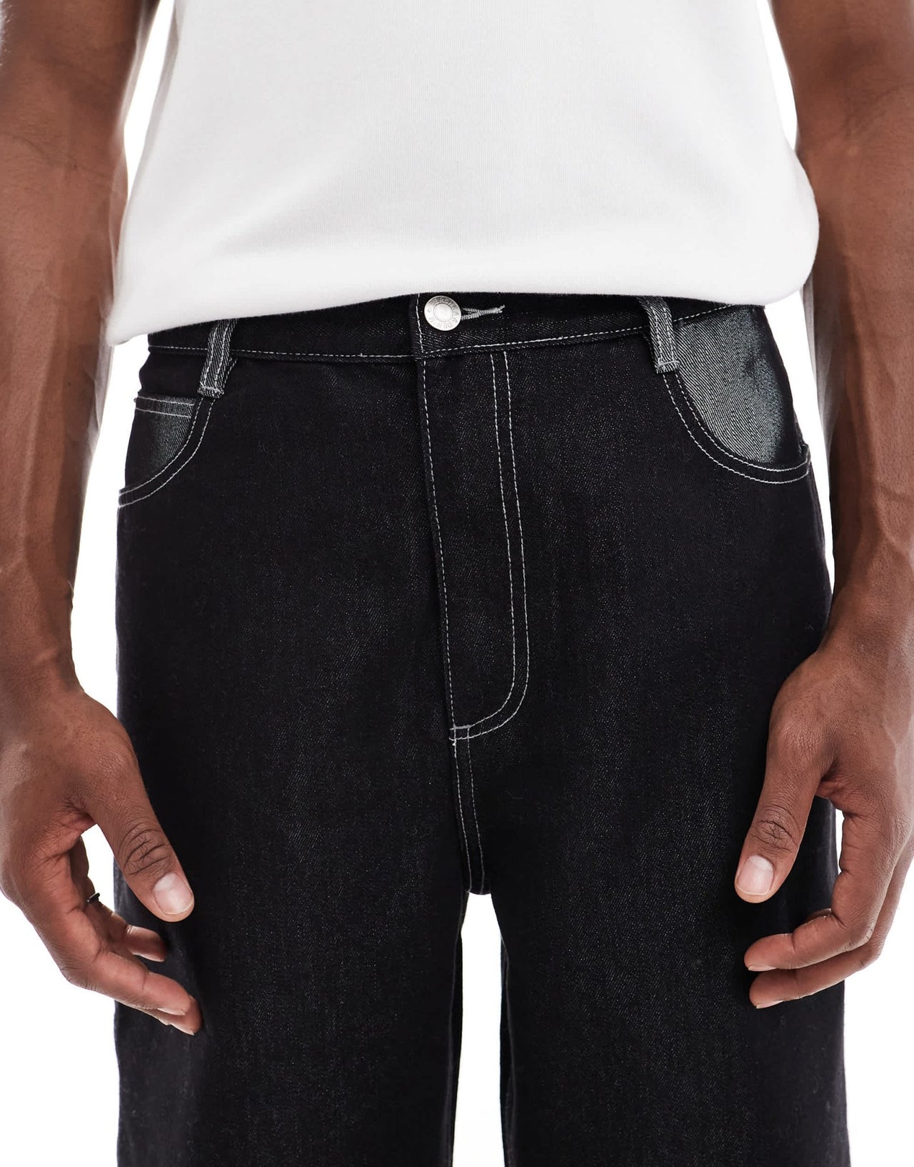 Bershka baggy carpenter co-ord jean with fold over hem in black - ASOS Sample Sale
