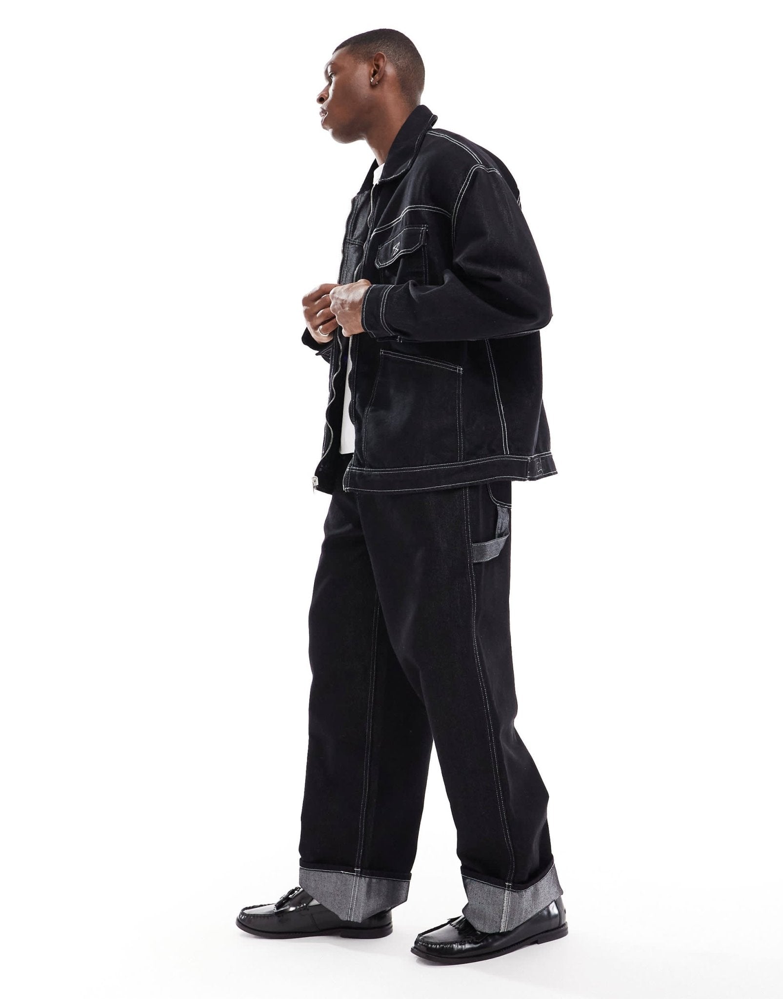 Bershka baggy carpenter co-ord jean with fold over hem in black - ASOS Sample Sale