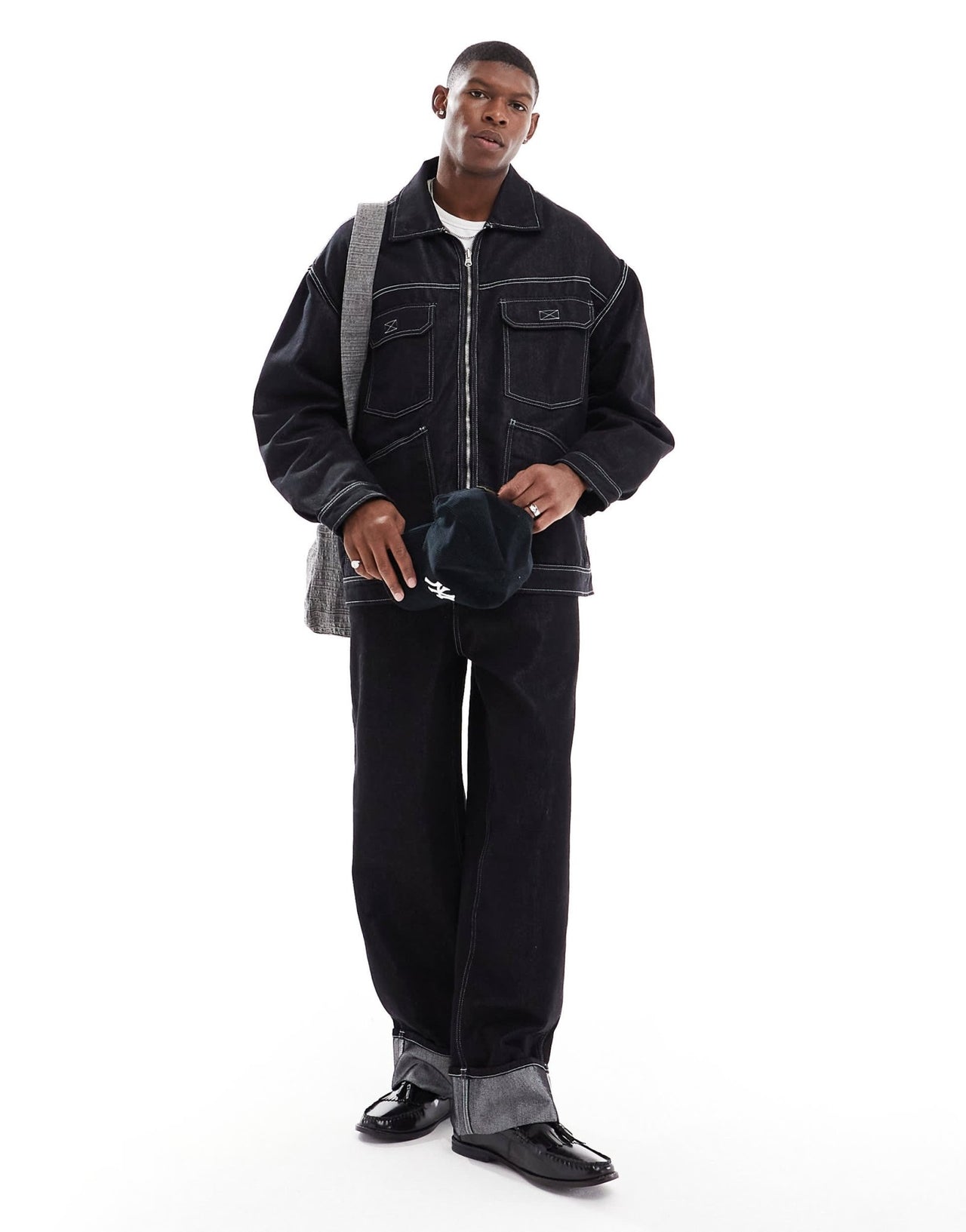 Bershka baggy carpenter co-ord jean with fold over hem in black - ASOS Sample Sale